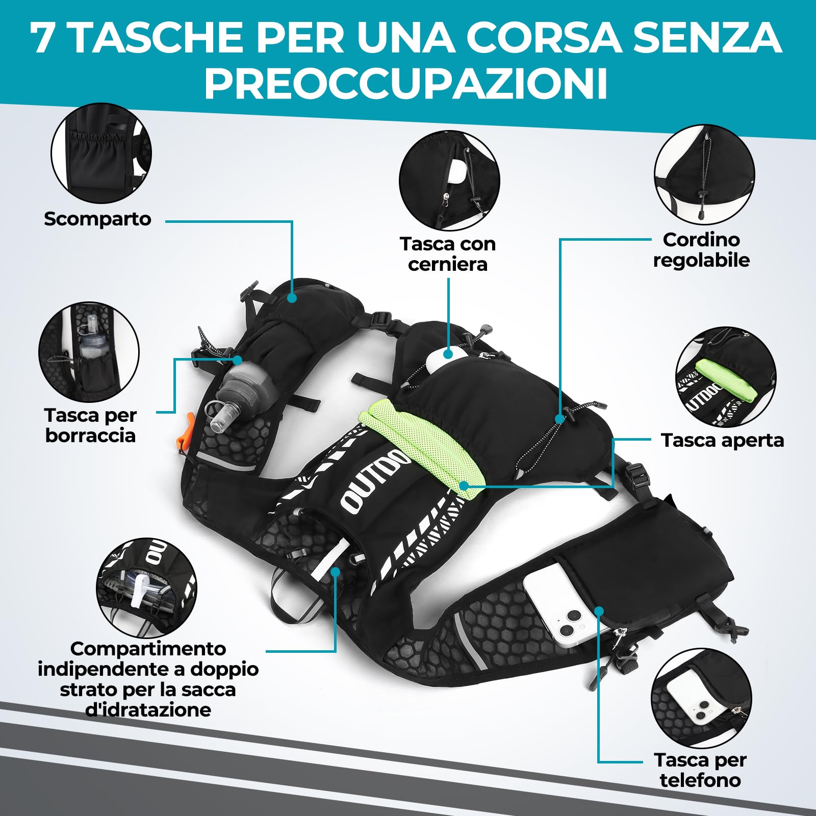 Gilet Running Uomo Donna Ultralight 160g, Gilet Trail Borraccia 500ml, Zaino Running Idratazione Regolabile Riflettente Fischietto Tasche Telefono Corsa Trail Running Maratona Trekking