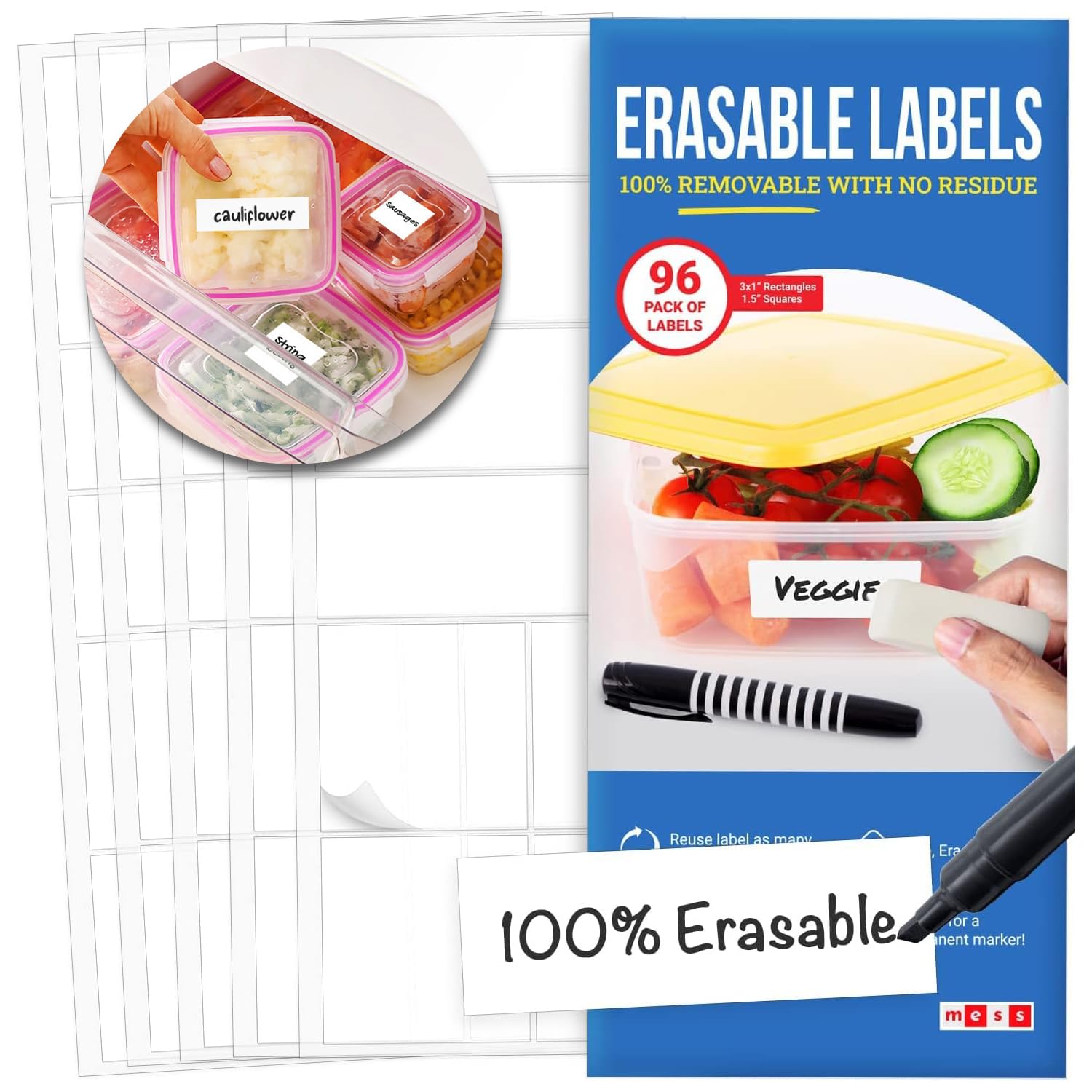 Dry Erase Labels for Food Containers 96 Pk - Reusable 1x3 in and 1.5 in