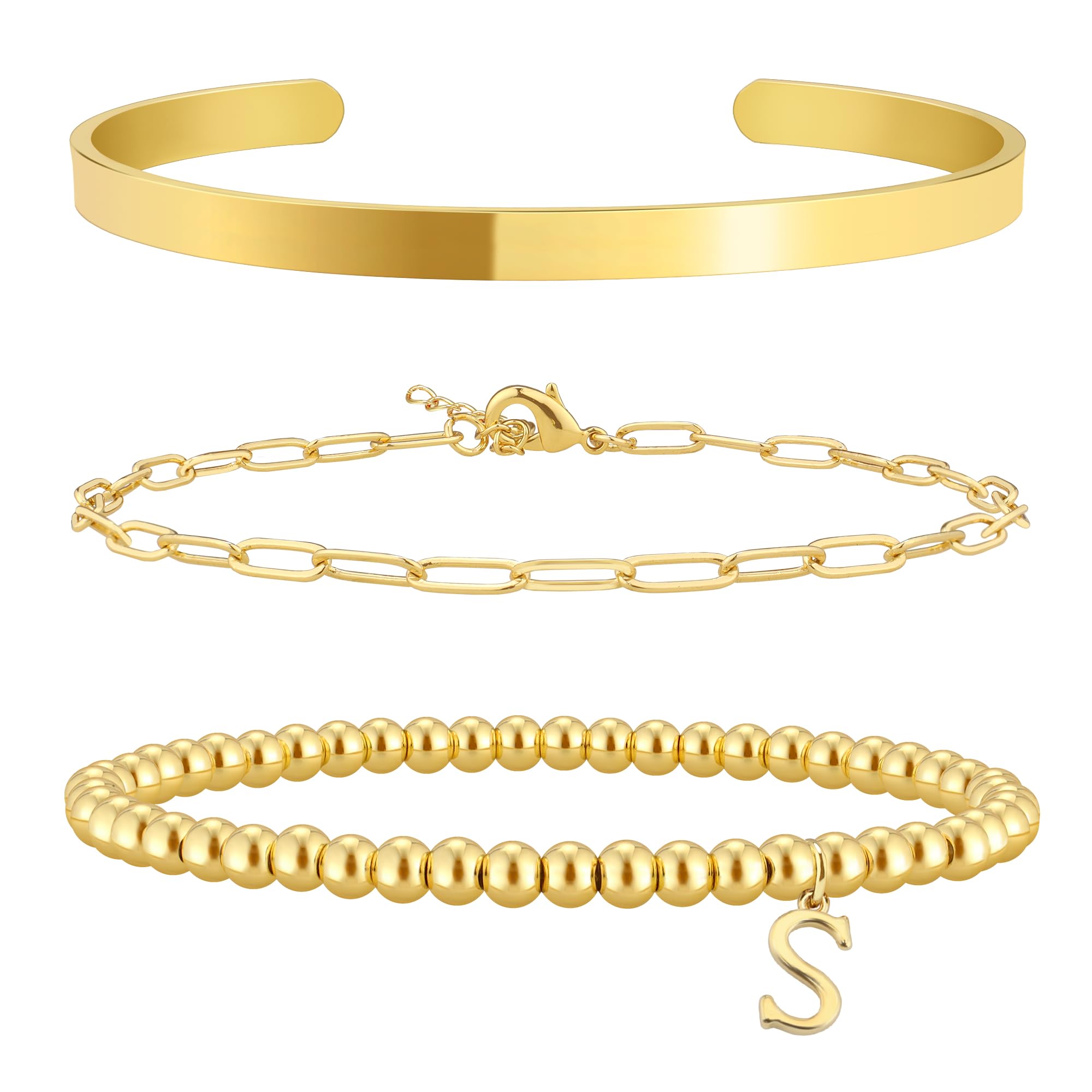 Initial Bracelet Set for Women,14K Gold Plated Stackable Beaded Non Tarnish Bracelet with Letter A-Z Available