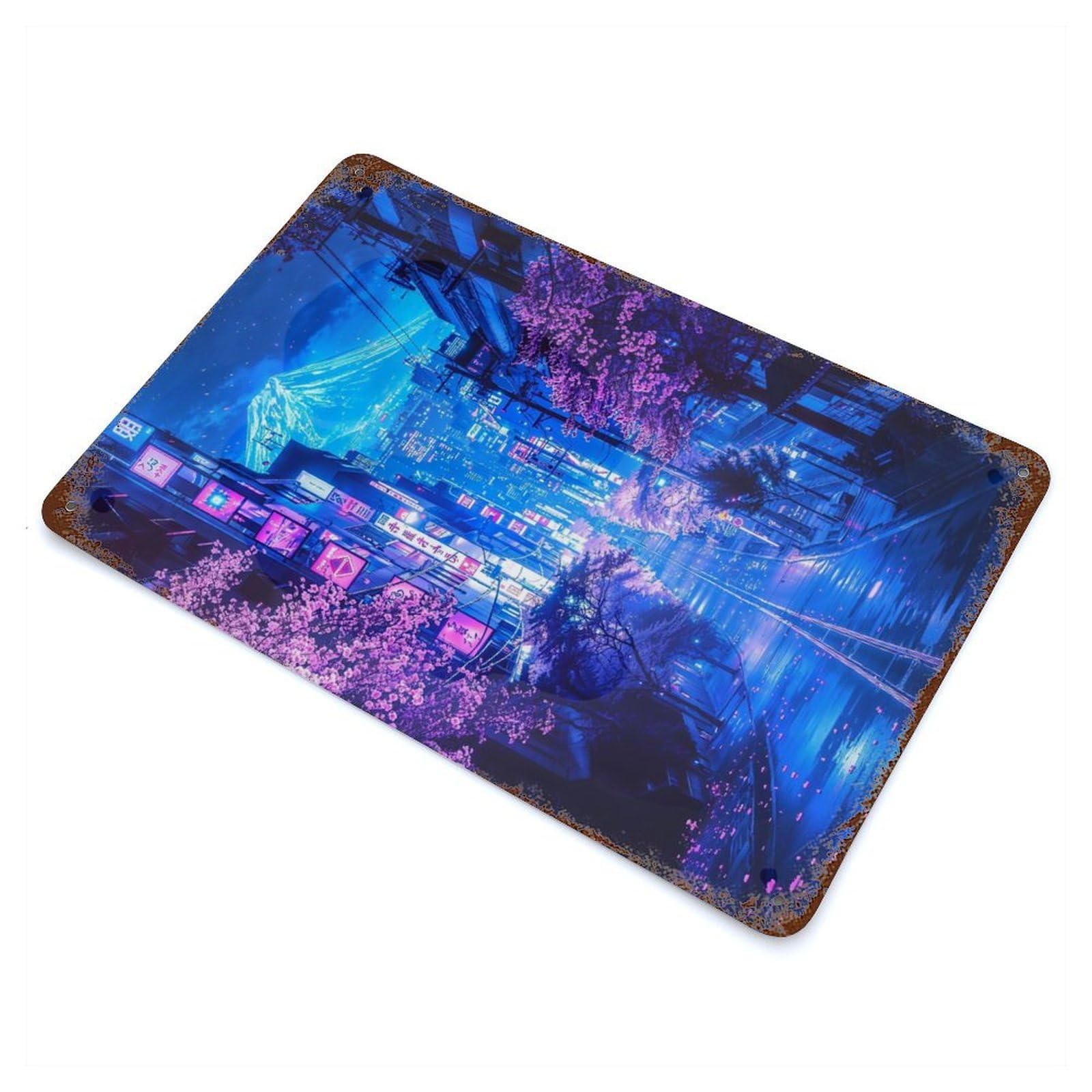 Rust Effect Futuristic Fuji Neon Bloom Rusty Metal Tin Sign 11.8"x7.9", Old School Wall Decor for Basement, Hobby Room And Garage Decor