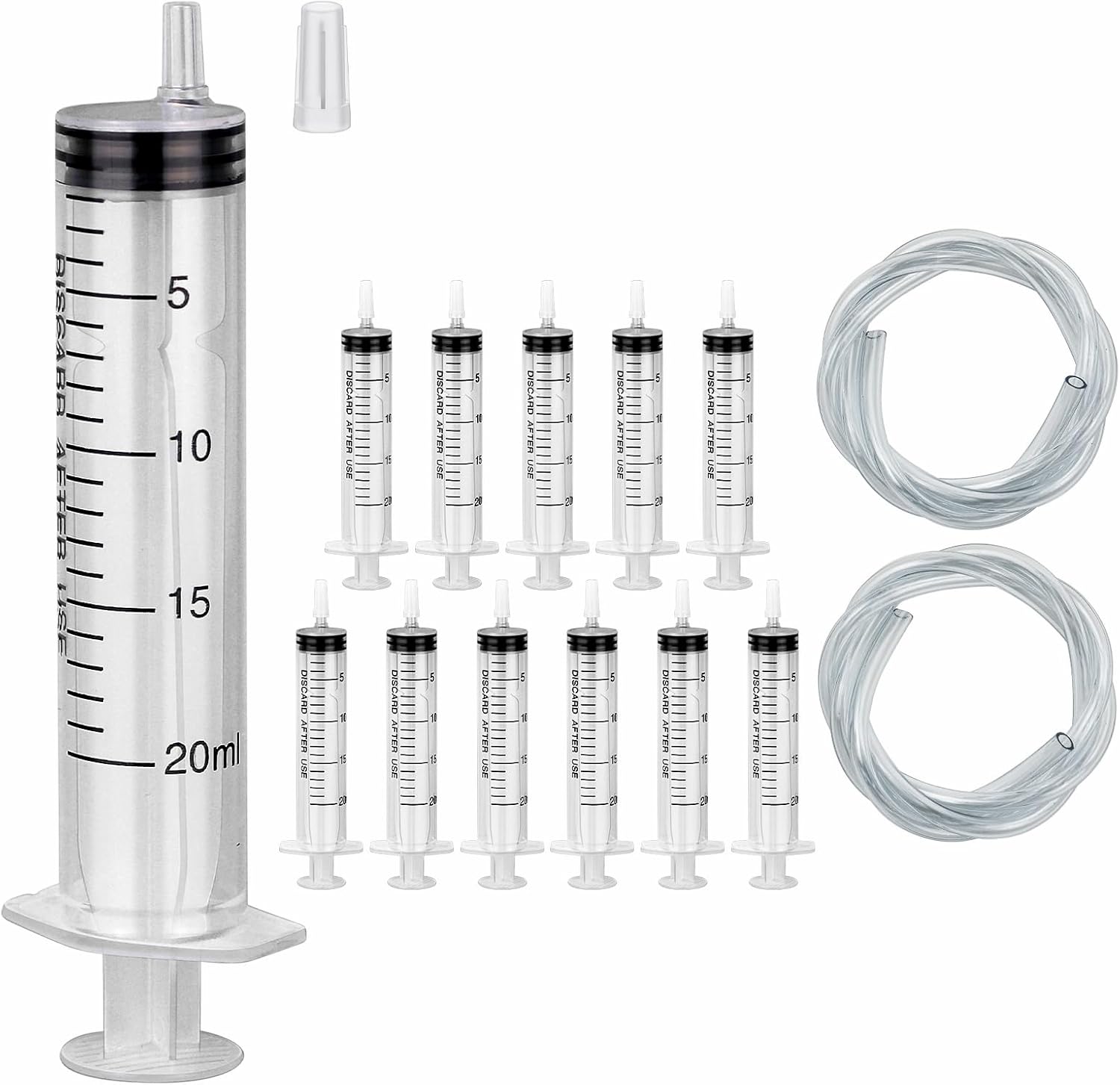 12PCS 20ML Plastic Sterile Syringe with Cap and Tubes 2*50cm Disposable Individual Wrap Syringe without Needles for Scientific Labs Feeding Pet Measuring Liquids and Glue Applicator