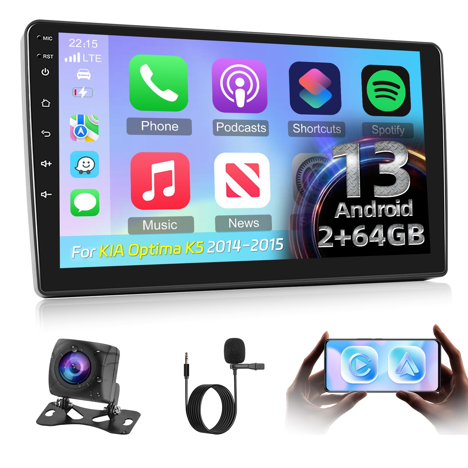 2+64G Wireless Carplay Android Car Stereo for KIA Optima K5 2014 2015-9 Inch Android Auto Touchscreen Radio with WiFi, GPS Navigation, Equalizer, SWC, Mirror Link + AHD Backup Camera