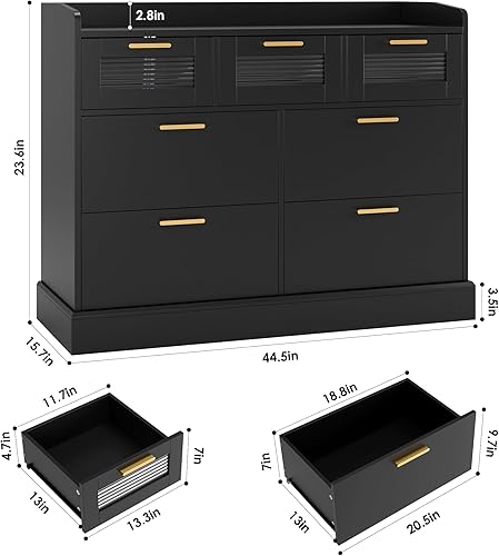 Miniatura 3 de HOSTACK Cómoda doble moderna de 7 cajones para dormitorio, cómoda ancha con valla, organizador de almacenamiento de madera con mango dorado y vidrio