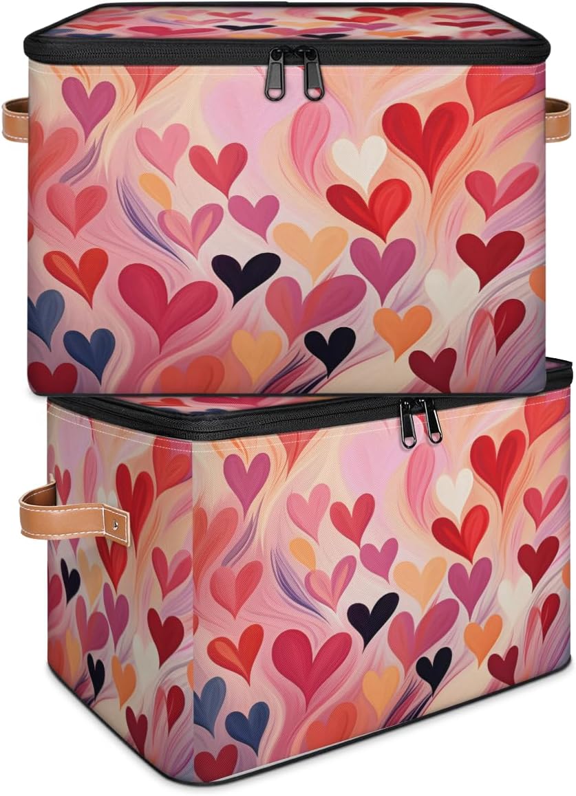 Storage Bin Set of 2 Valentine's Day Love Storage Basket with Zipper Lid & Handle Foldable Closet Shelf 2 Pack Cloth Organizer Basket Cube Bins Clothes Organizer for Bedroom, Nursery