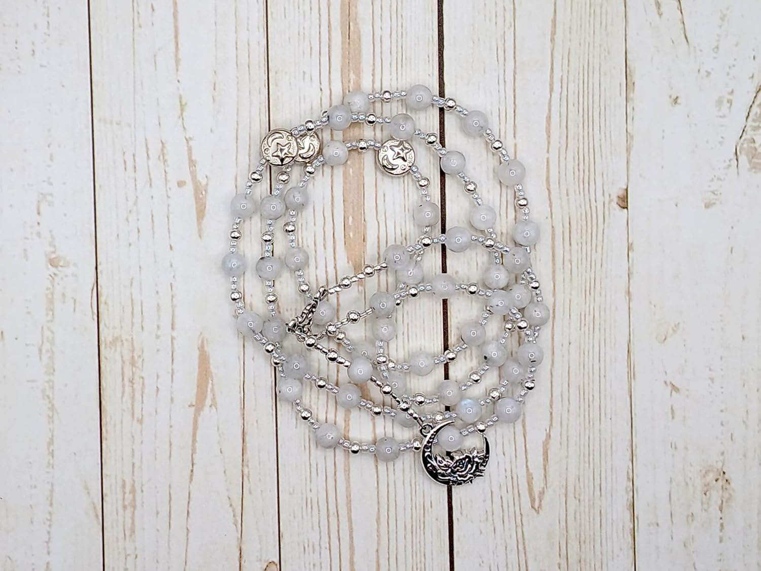 Artemis Prayer Bead Necklace in Moonstone: Greek Goddess of the Wilderness, Wild Animals, Huntress, Protector of Young Women and Girls