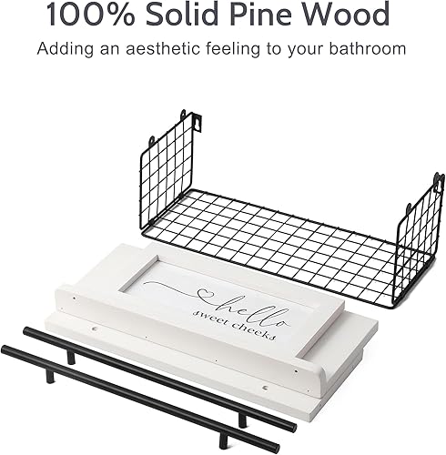 Miniatura 4 de Estantes flotantes con letrero de decoración de baño, cesta de almacenamiento de papel higiénico de granja de madera, juego de 3, estante flotante