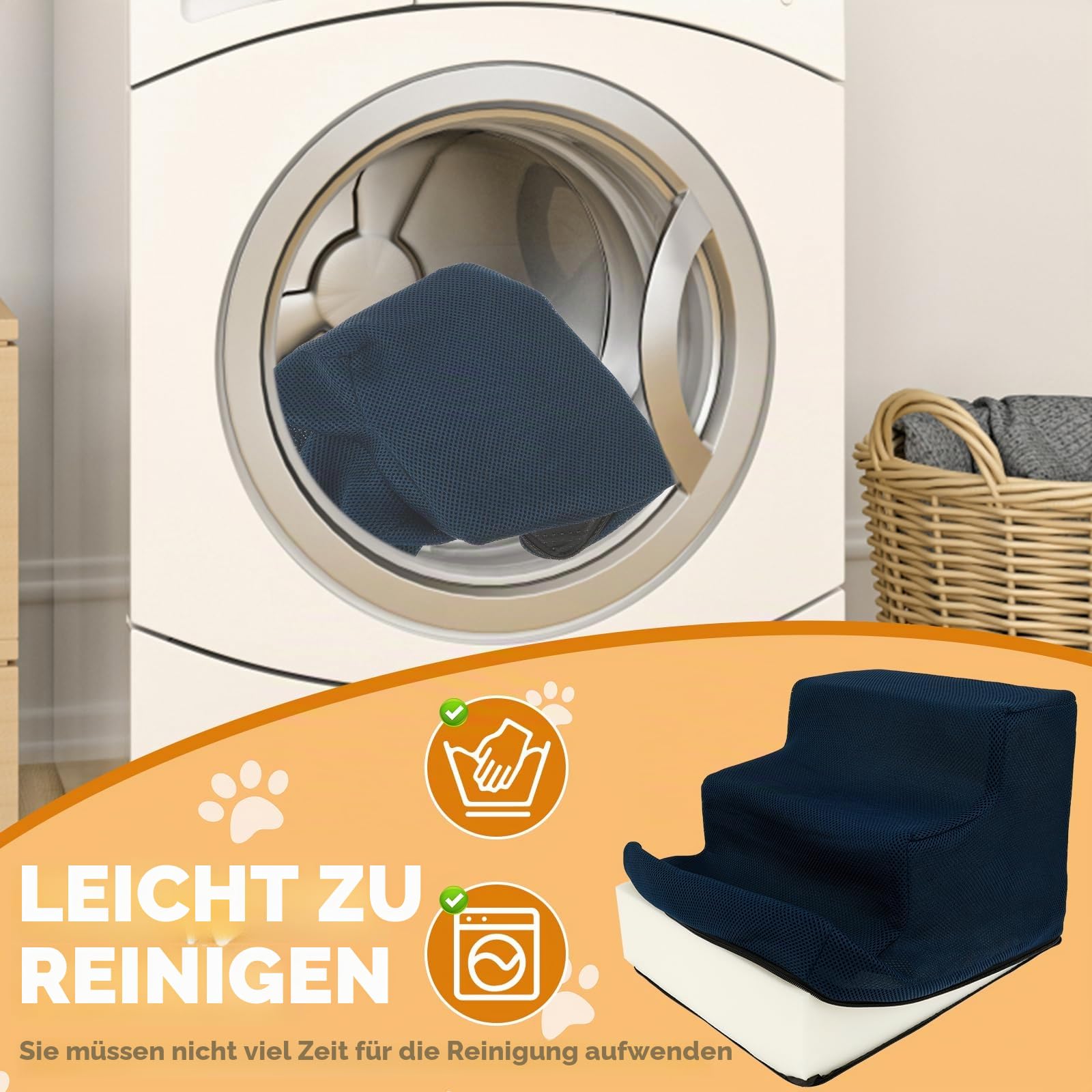 Haustiertreppe Hundetreppe 27cm 3 Stufen rutschfest mit Waschbarem 3D Cord Bezug, Hundetreppe für Kleine Hunde Hochwertige Schwamm, Hunderampe Katzentreppe, für Betten Sofas Autos