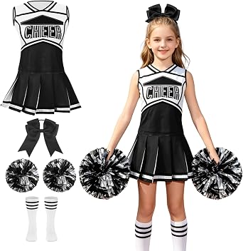 Colorful House 5-Piece Cheerleading Outfit for Kids - Complete with Top, Skirt, Pom Poms3-4Y,Black