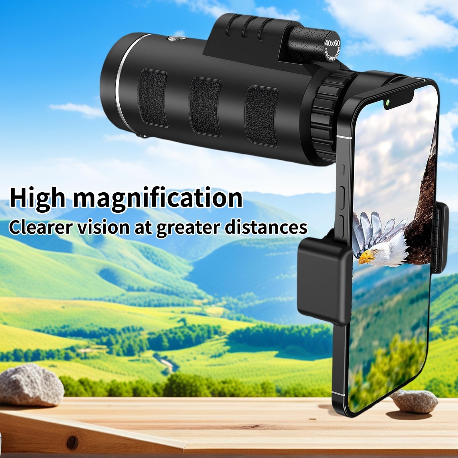 Mengshen 10x42 Monoculare Set con Adattatore Telefono Treppiede in Alluminio Pellicola Verde BAK4 Prisma Impermeabile Visione Bassa Luce per Smartphone Fotografia Osservazione all'aperto