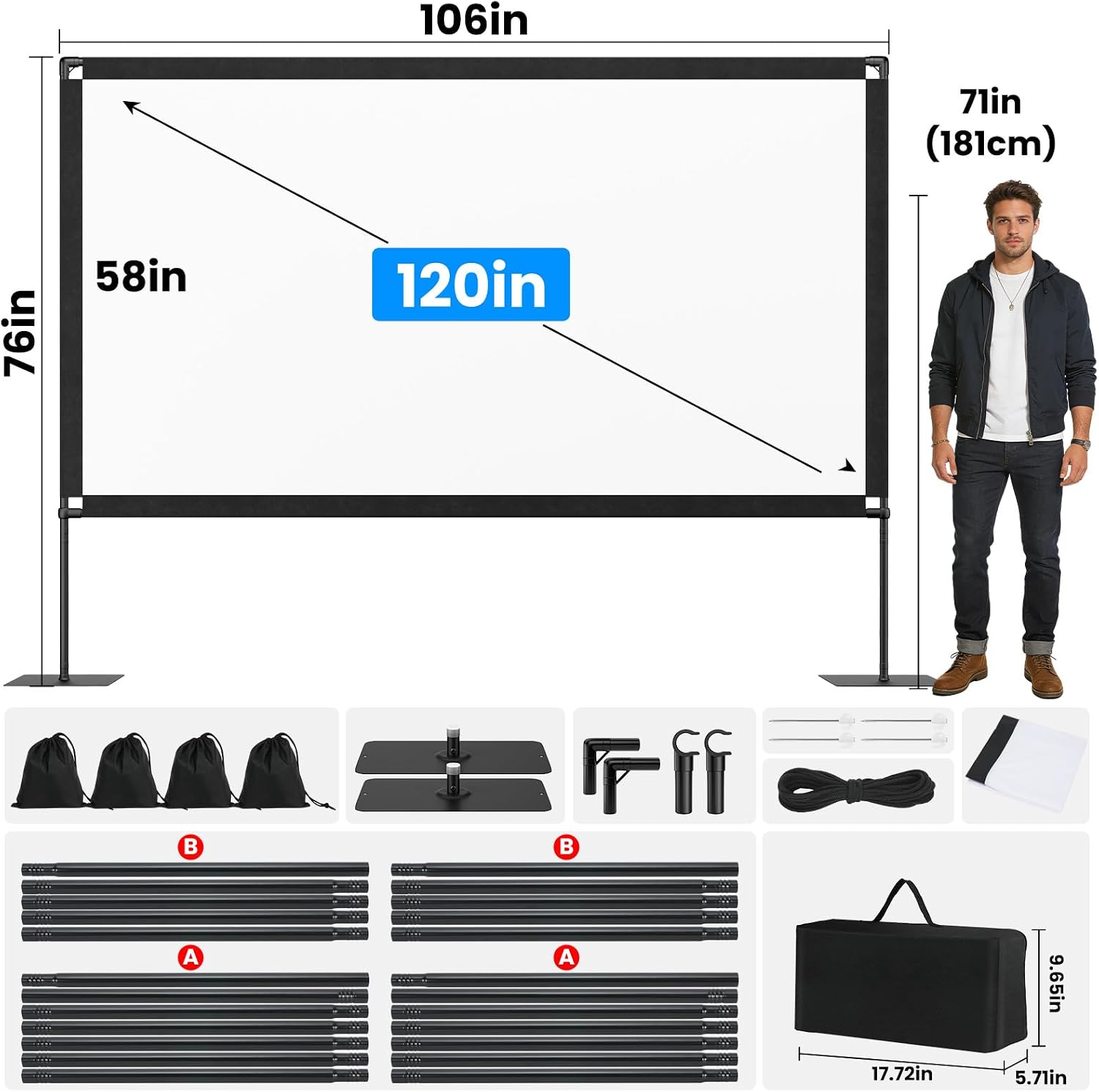 120inch Projector Screen with Stand: Portable Projector Screen Outdoor Indoor Front/Rear16:9 4K HD with Carry Bag Sandbag- Movie Screen for Backyard Moive Night, Camping, Theater thumbnail