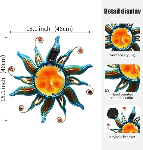 Miniatura 3 de Fashionoda Arte de pared de cara solar de 18 pulgadas, escultura de sol de metal con luces LED y cara sonriente, decoración para colgar en la pared