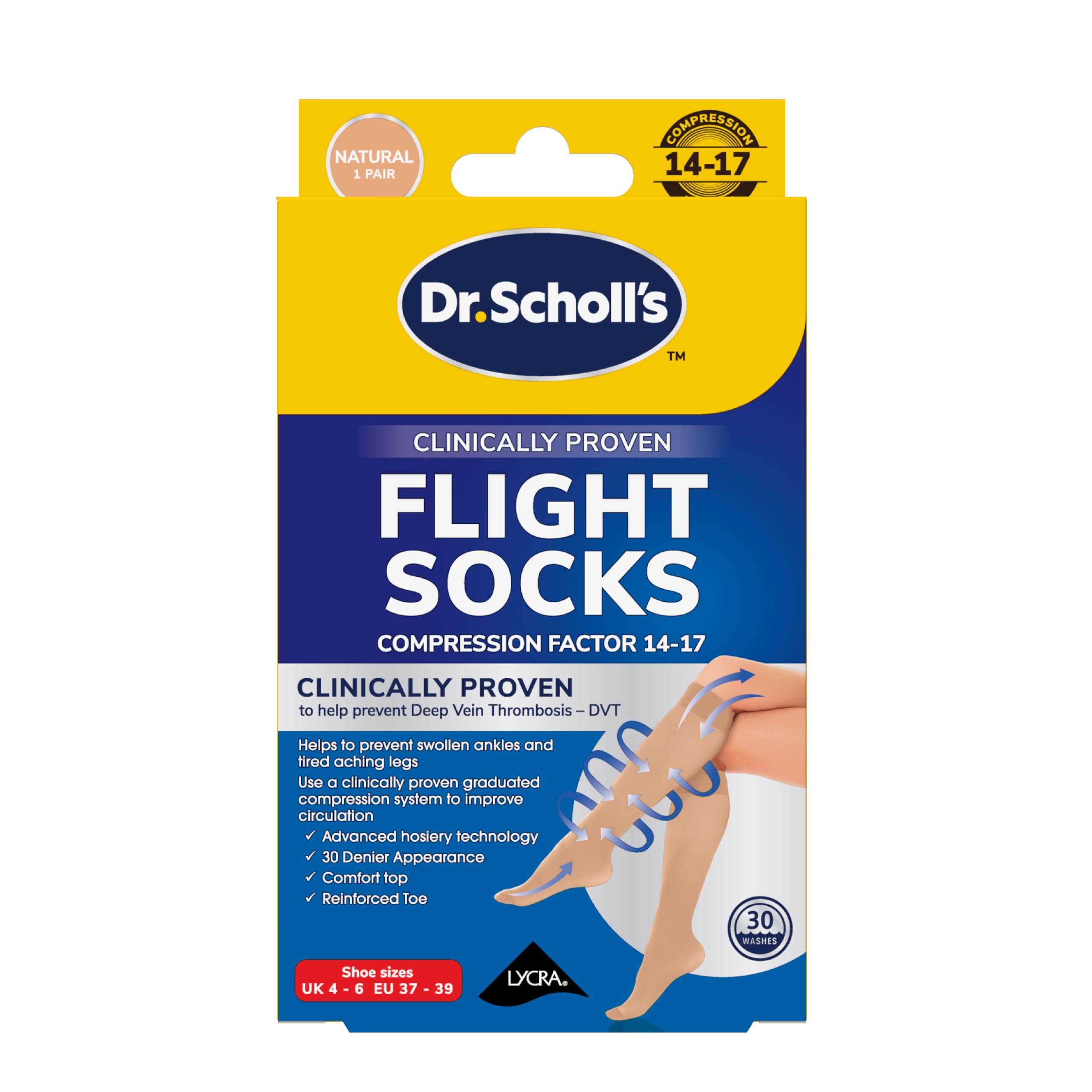 Scholl Footcare - Medically Proven two Pairs of Sheer Natural Flight Socks to Prevent Swollen Ankles and Aching Legs Size four-six