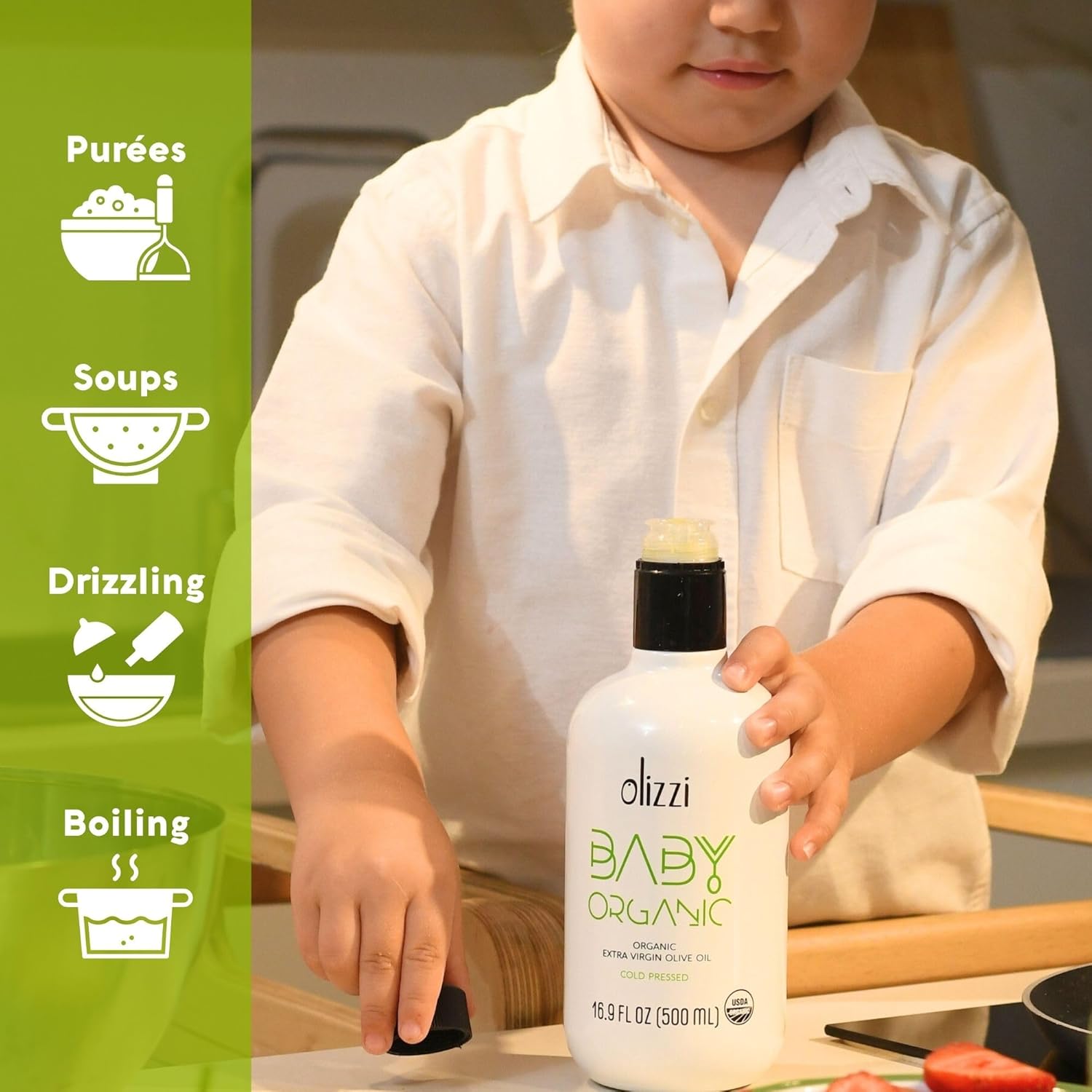 Olive Oil for Baby Food - Olizzi Baby Organic Extra Virgin Olive Oil, Cold Pressed, USDA Organic, Kosher, Delicious, Smooth, Award Winning, Polyphenol Rich, 16.9 FL OZ (500 ML)