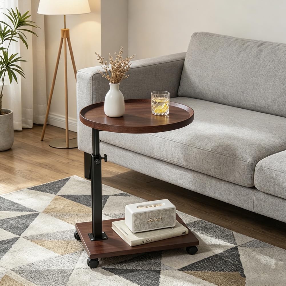 Stolik pomocniczy w kształcie litery C, z regulacją wysokości, 45-80 cm, z kółkami, obracany o 360°, drewniany, mały, stolik pomocniczy, na sofę, do salonu, sypialni, brązowy