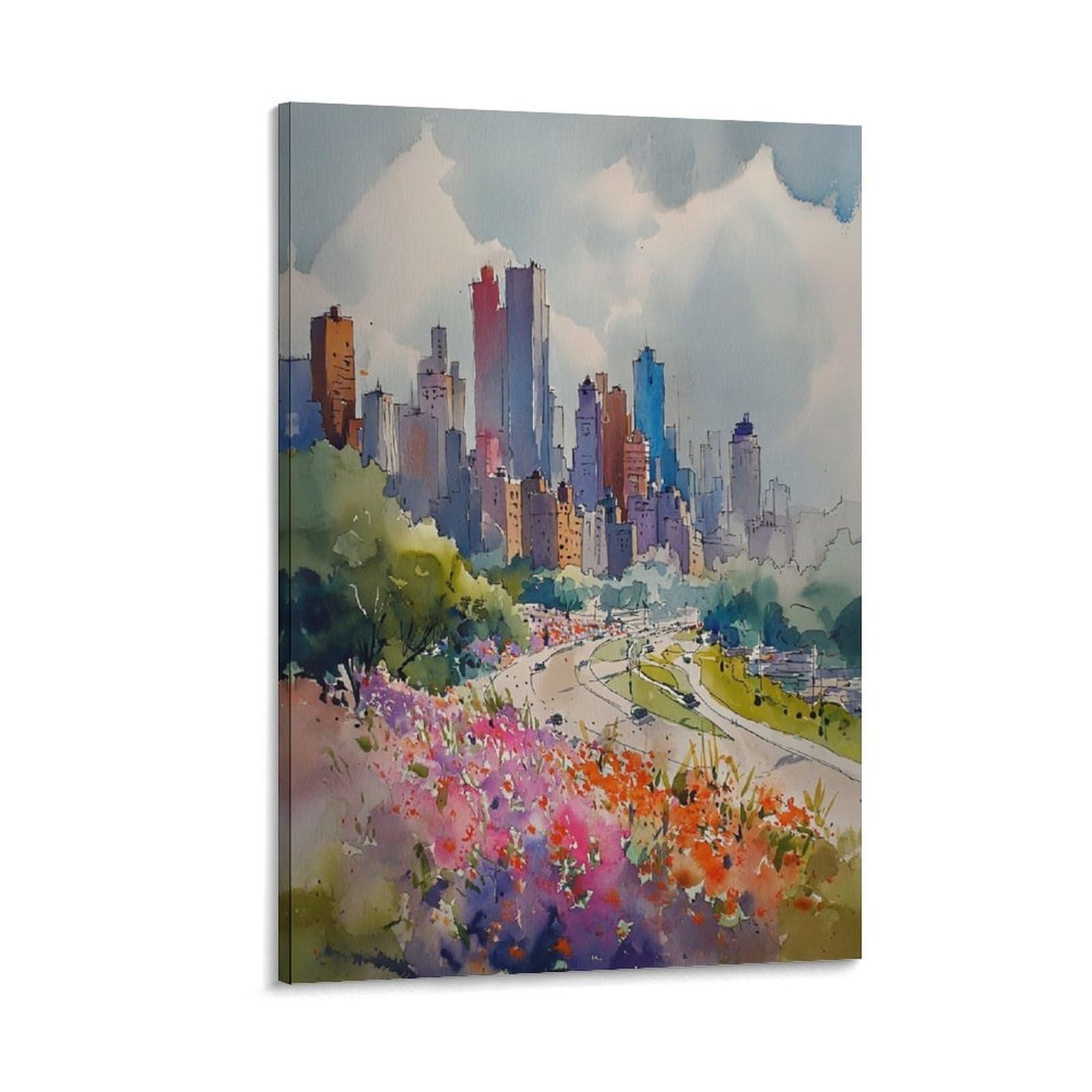 XWYMXZ Calgary Skyline Watercolor Painting Canada Travel Posters 24x36inch(60x90cm) Vintage Watercolor Canvas Art