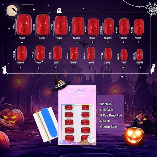 Miniatura 5 de Uñas a Presión Cortas - Uñas a Presión Rojas de Ojo de Gato, Uñas Cuadradas Acrílicas Rojas con Pegamento para Uñas, Se Ajustan Perfectamente, Uñas