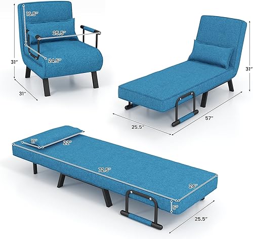 Miniatura 3 de Giantex Sofá cama convertible, silla cama plegable 4 en 1 con almohada, moderna cama reclinable de invitados con respaldo ajustable en 6 posiciones,