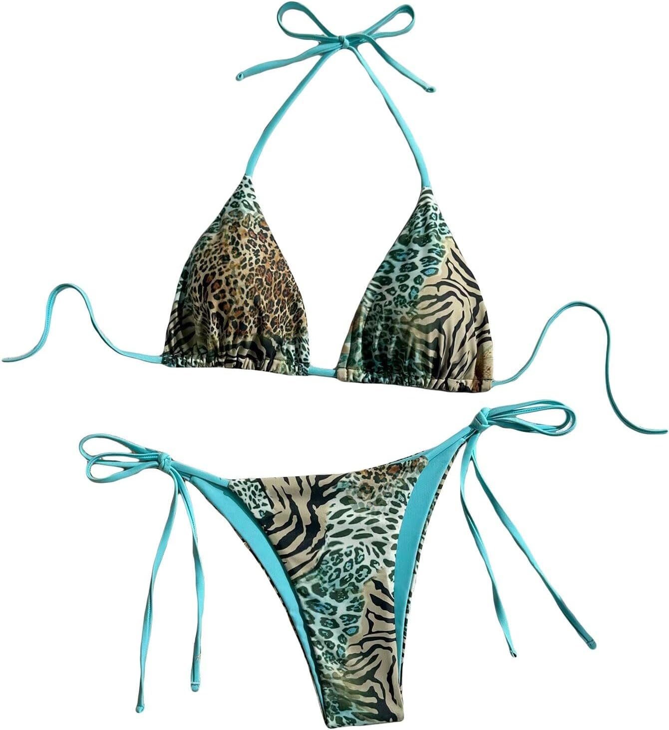 Women's Vintage Leopard Print Bathing Suit Halter Summer Swimsuit Bikini Set