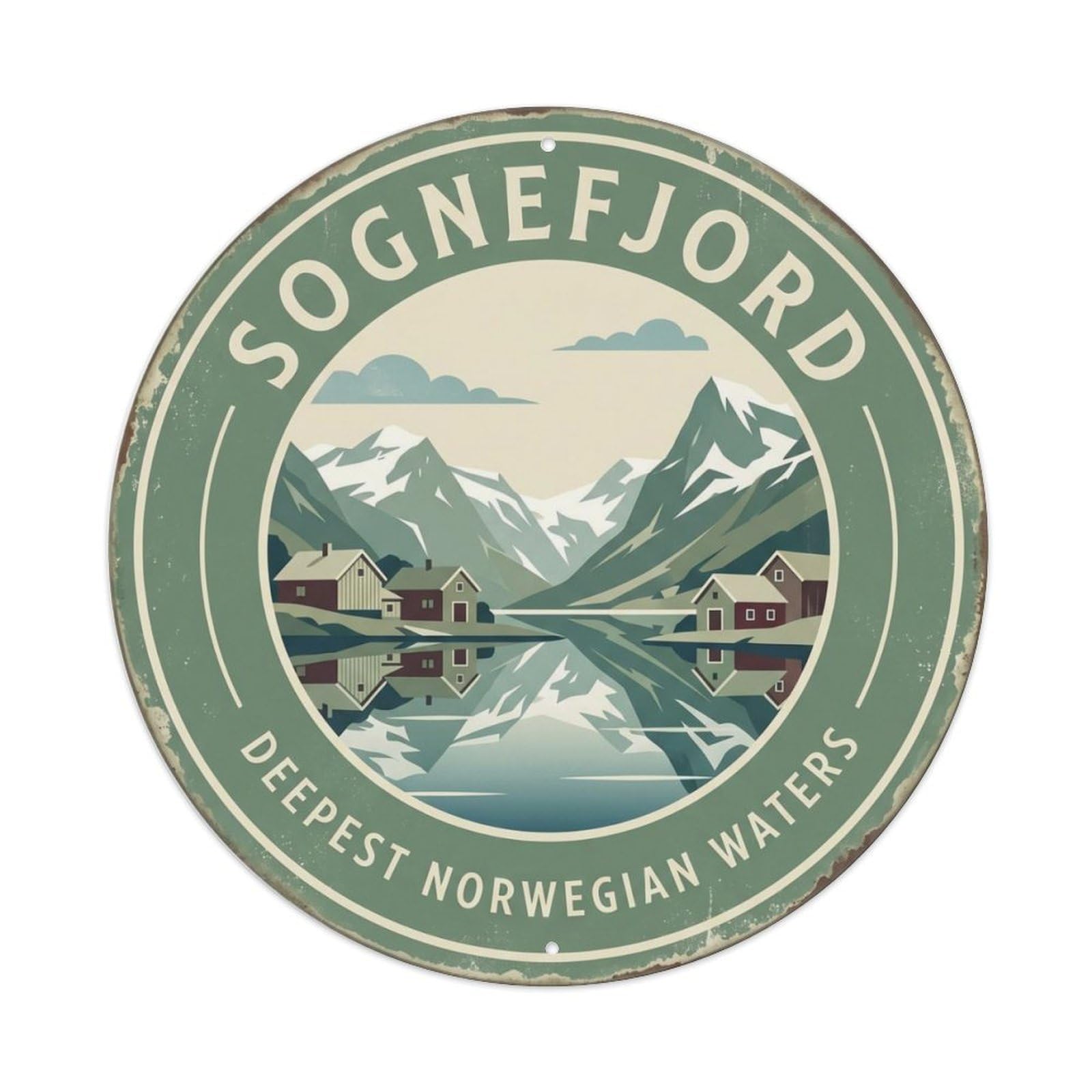 Vintage Travel Sognefjord Norway Waters Metal Tin Sign Plaque Wall Decor for Cafe, Club, Garden Round Metal Poster 8x8Inch