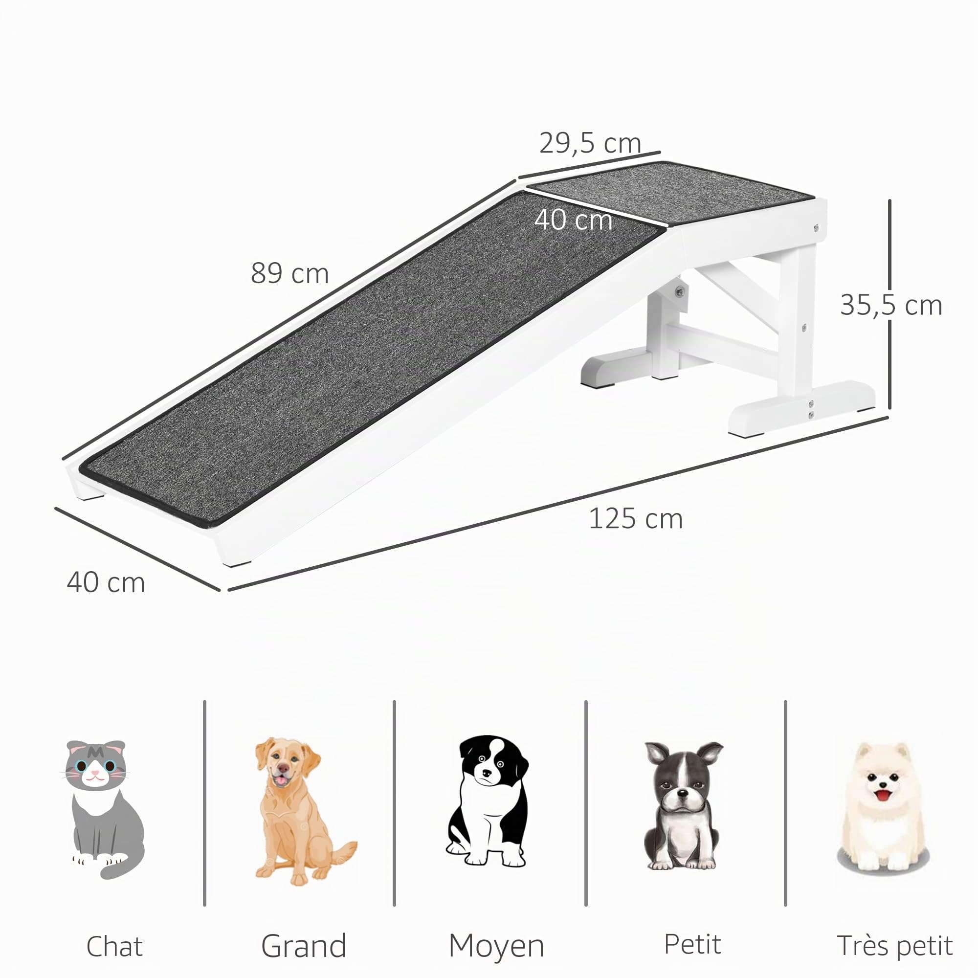 PawHut Rampe pour Animaux de Compagnie avec Tapis antidérapant échelle pour Animaux de Compagnie Rampe pour Chiens jusqu'à 30 kg Bois de pin Polyester Blanc+Gris 125 x 40 x 35,5 cm