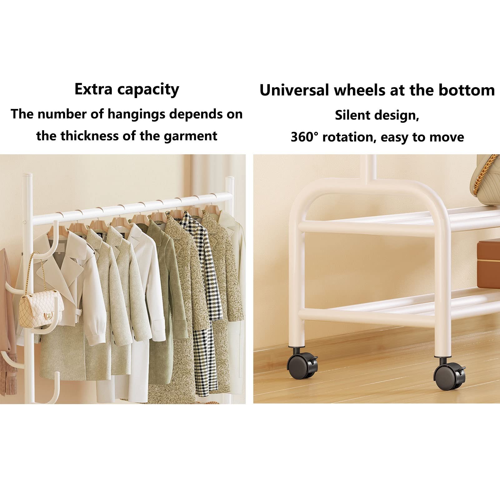 Árbol Hall con ganchos Rieles ropa de metal resistente Independiente Perchero Carrito de ropa móvil multifuncional Con estantes de almacenamiento inferiores de 2 niveles Para dormitorio ( Color : Gree