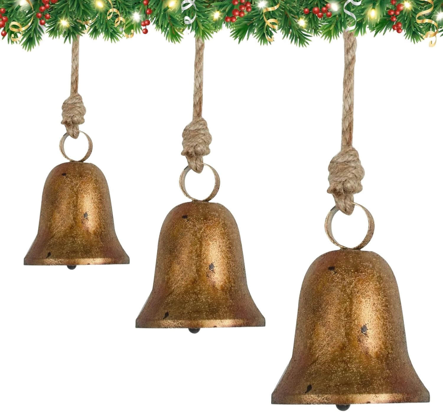 Set Of 3 Rustic Metal Christmas Bells In Antique Gold With Jute Rope, Large Hanging Bells For Holiday & Home Décor