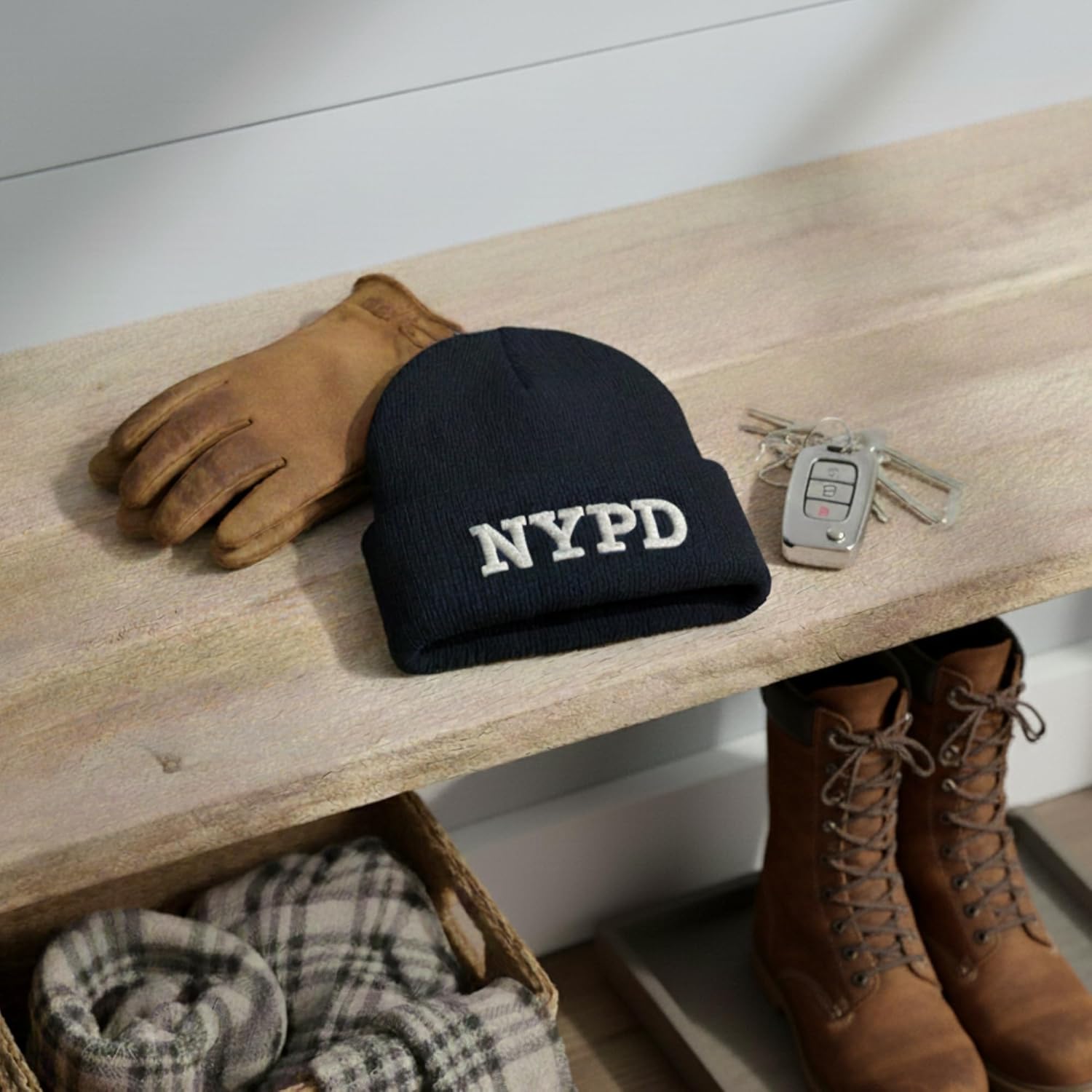 Police Beanie Hat Navy Embroidered Knit Winter New York Skull Cap - Image 8