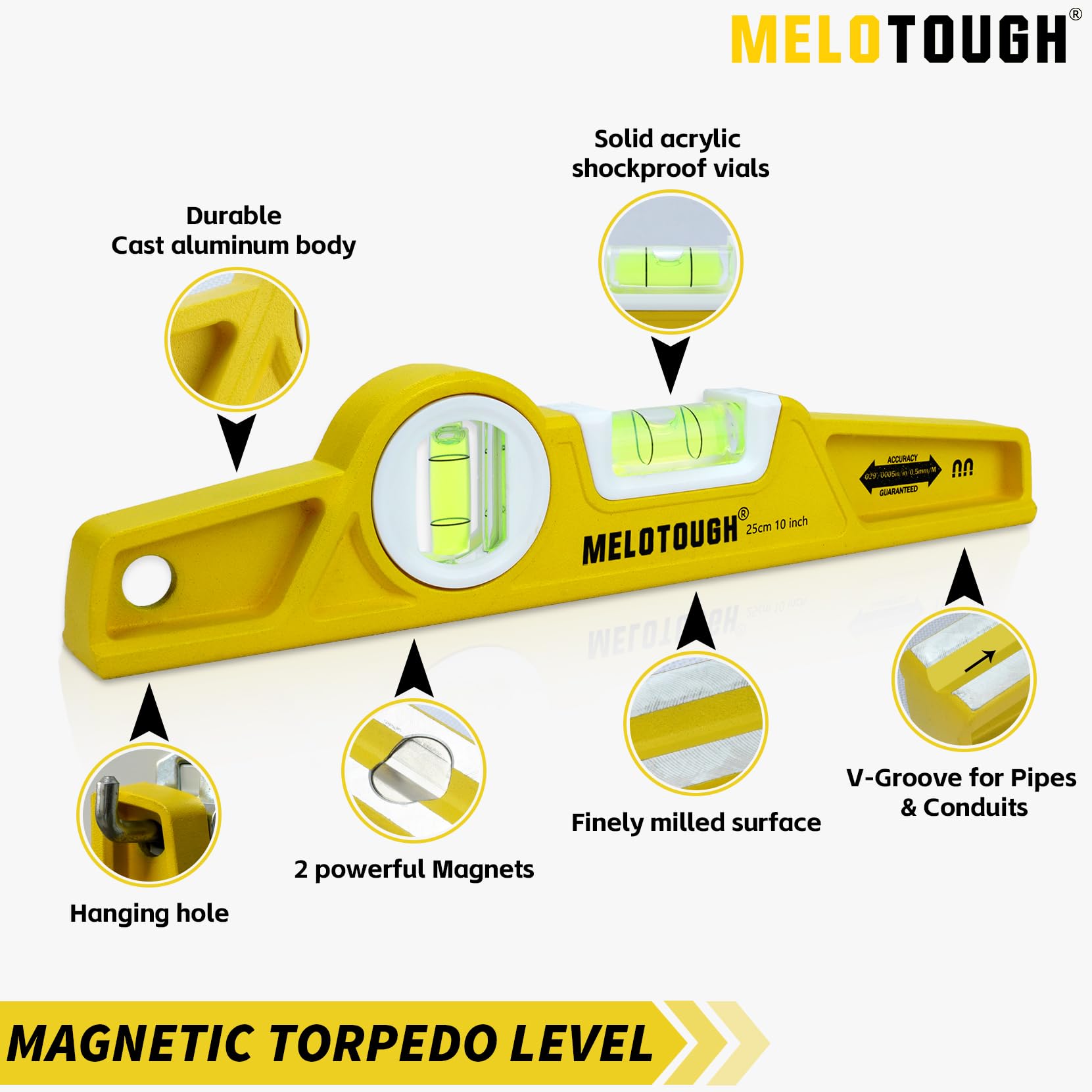 MELOTOUGH Magnetic Level - 10 Inch Torpedo Level -5