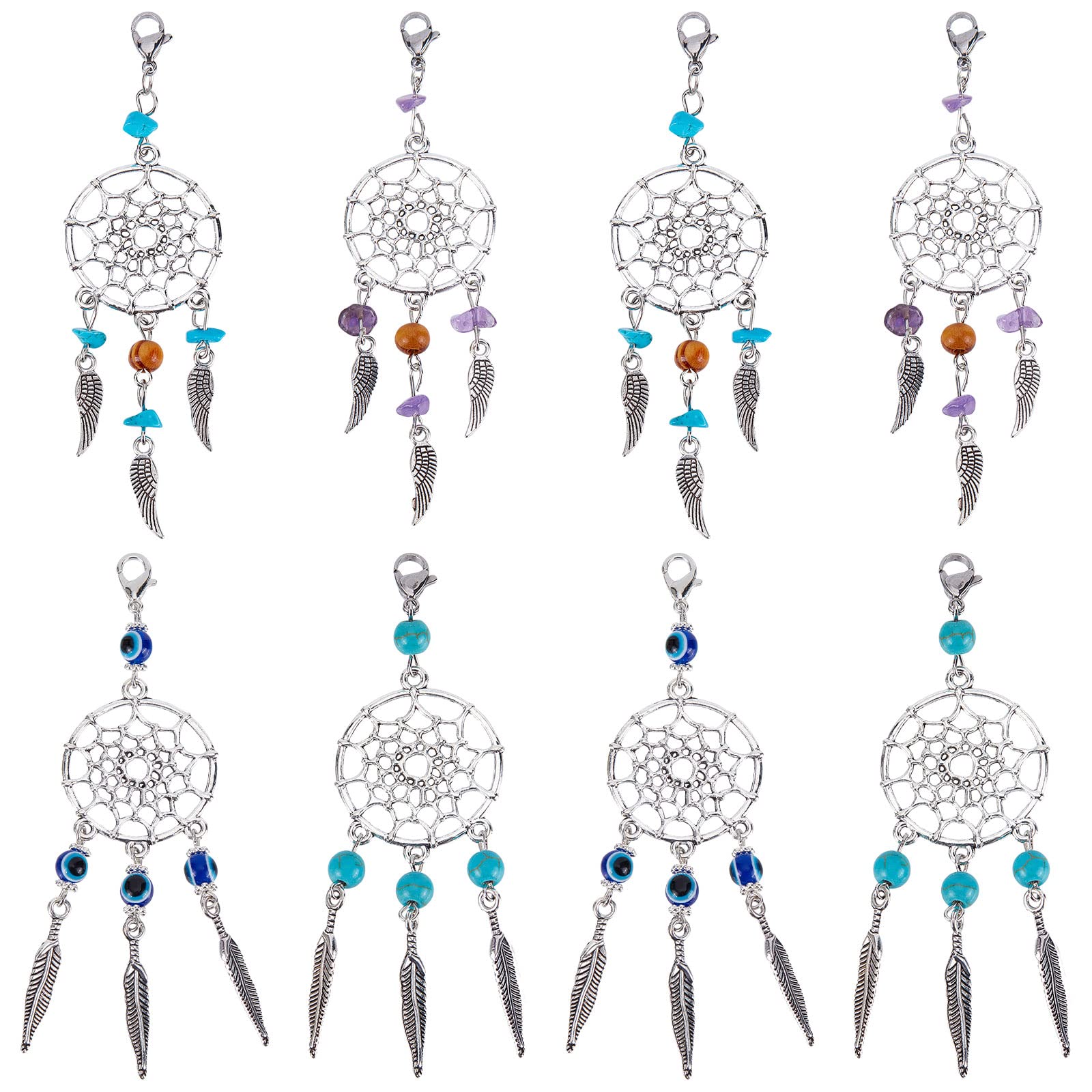 SUNNYCLUE 1 Box 16Pcs Dreamcatcher Charms Bohemian Style Dreamcatchers Charm Synthetic Turquoise Chakra Energy Amethyst Chip Beads Evil Eye Bead Lobster Clasp Charms for Jewellery Making Charm Craft