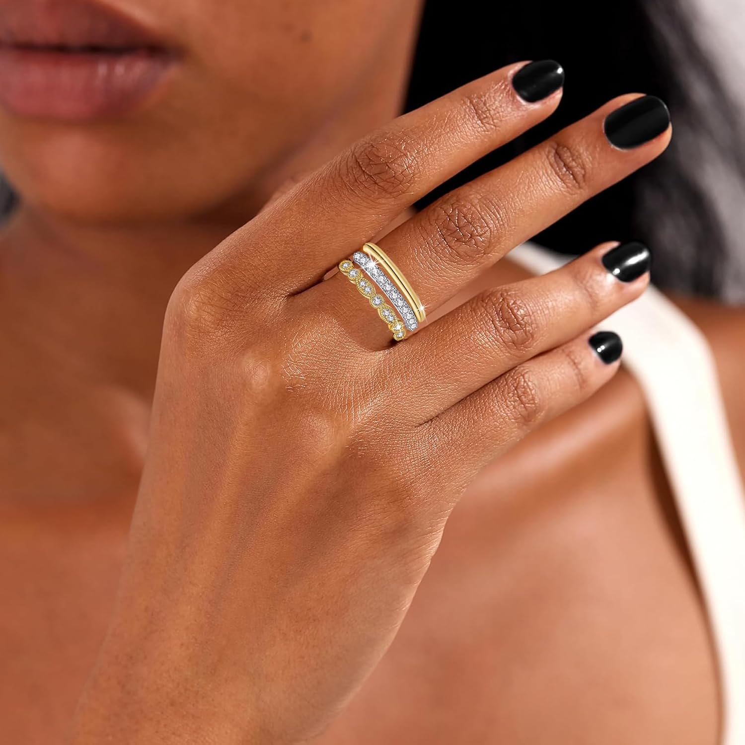 BOMAIL 8Pcs 14K Gold Plated Stackable Rings for Women | Non Tarnish, Dainty Cubic Zirconia, Minimalist Trendy Statement, Engagement Promise Thumb Rings