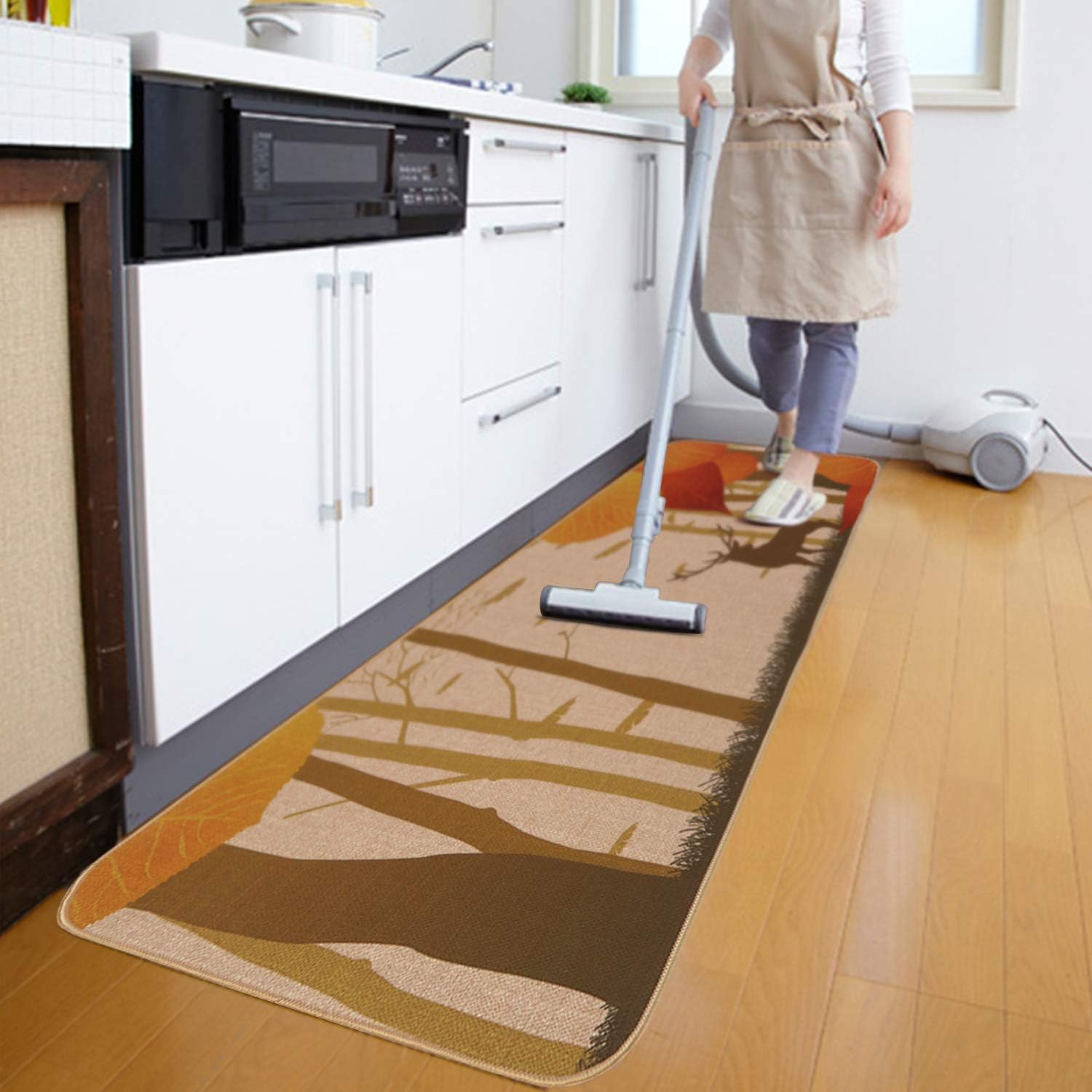 Kitchen Rugs,LEEVAN 2 PCS Vintage Microfiber Non-Skid/Slip Rubber Back Washable Doormat Floormat Area Rug Carpet (17" X 29"+17" X 59", Autumn Reindeer)