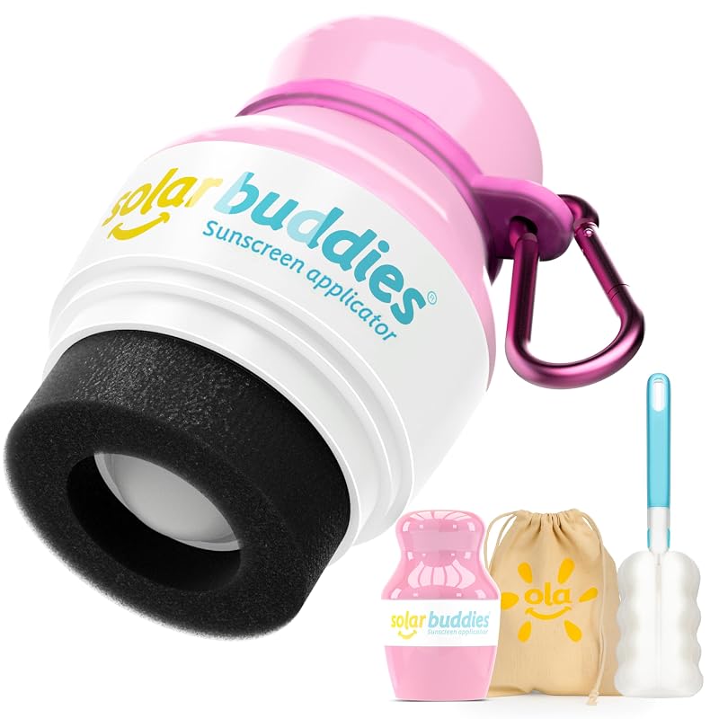 Solar Buddies Grab & Go Travel Bundle Full Pink com clipe mosquetão e escova de limpeza, aplicador recarregável de loção com rolo e esponja, 100 mL