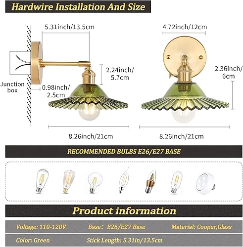 Miniatura 6 de Apliques de pared vintage con pantalla de cristal de loto verde, apliques de latón ajustables de 180 grados con cable de iluminación de pared