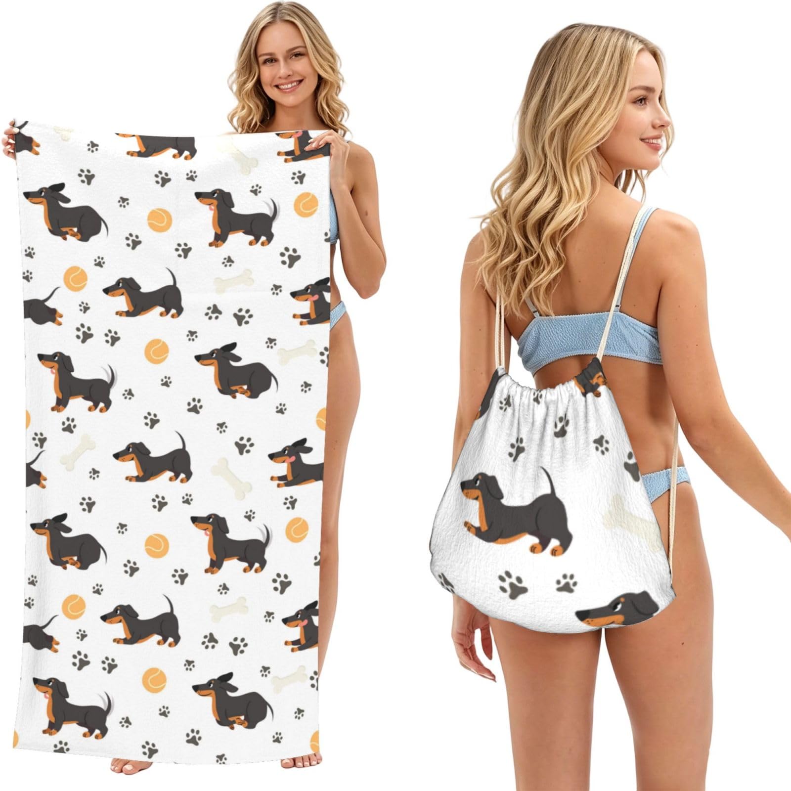 Poadnly As Picture Dachshund Ball Paw Print, 2 In 1 Packable Towel Bag, Beach Towels With Drawstring Backpack For Travel Holiday Camping