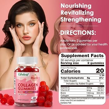 Sugar Free Collagen Gummies with Vitamin C Vitamin E and Biotin,Natural Hydrolyzed Collagen 300mg, Healthy Hair Skin and Nails Vitamins,Peach Flavor,60 Gummies,30 Days Supply