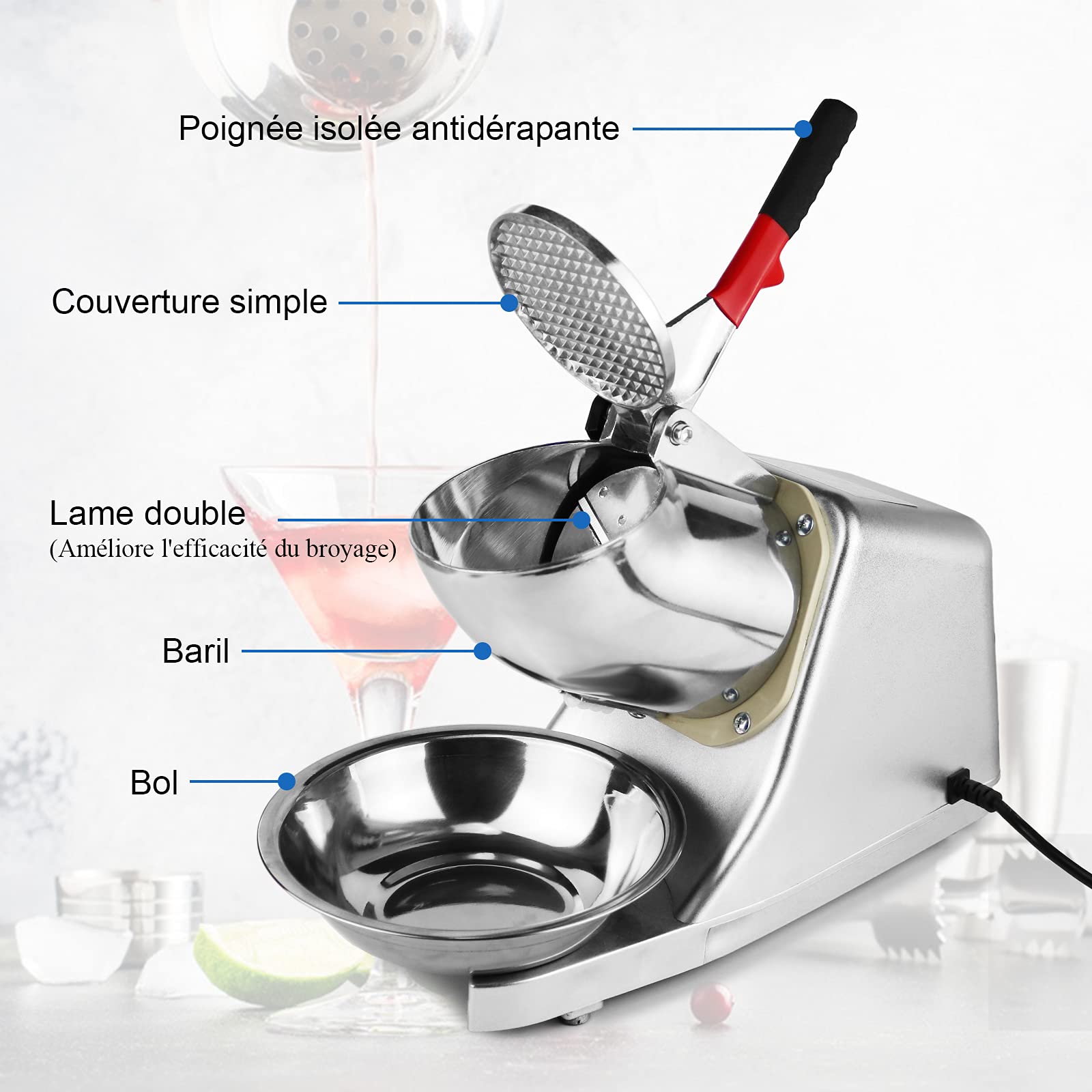 Broyeur à Glace Electrique,Machine à Glace pilée 300 W, 220 V-240 V,Snow Cone Maker Machin Volume de Glace concassée 65 kg/h,Convient à de commerce et de ménage(plata)