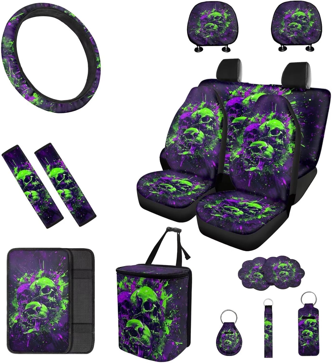 Halloween Ink Splatter Skull Car Seat Covers, Auto Steering Wheel Cover, Seat Belt Covers, Trash Can, Headrest Cover, Coaster, Chapstick Holder, Keychains, Auto Interior Accessories Set of 16