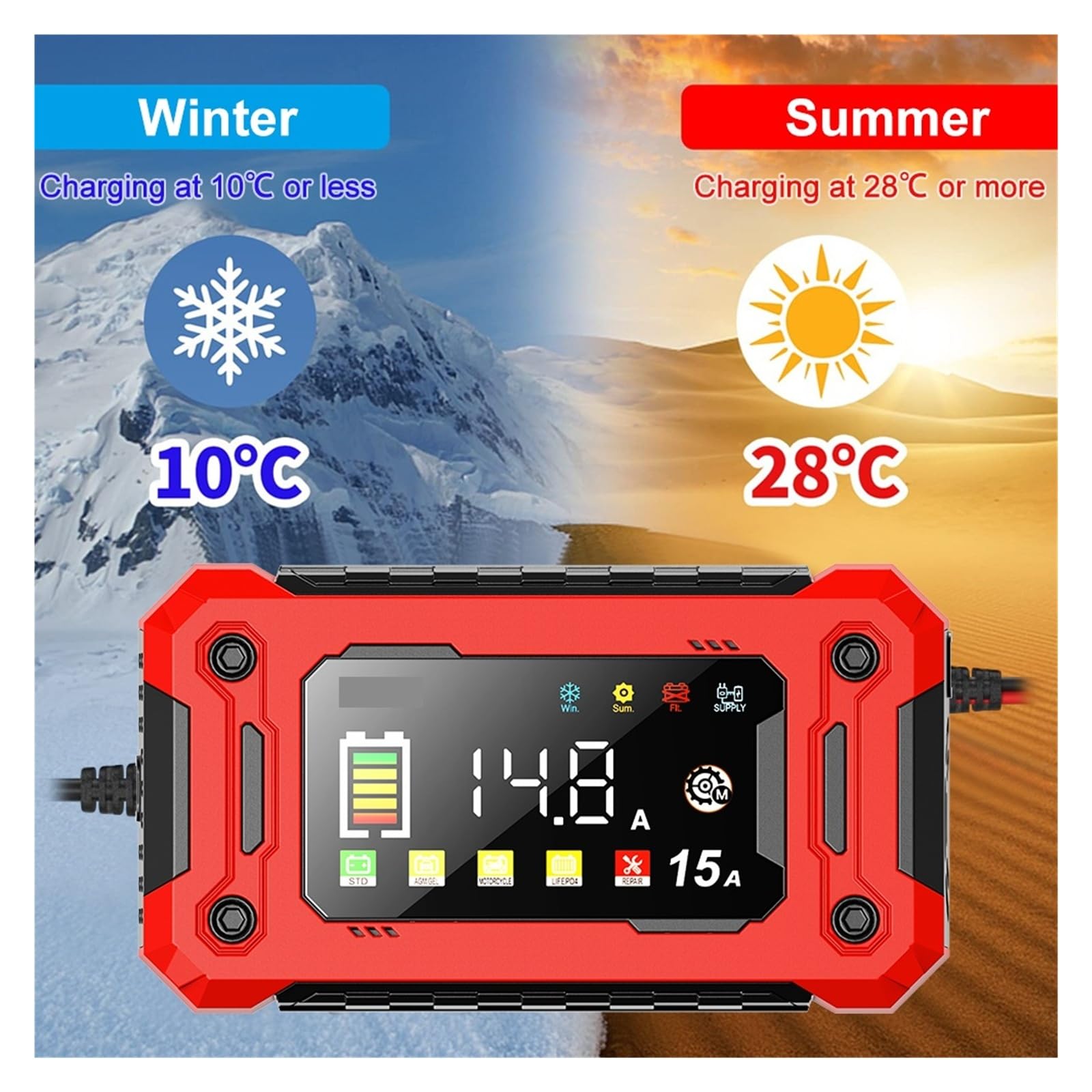 Cargador de Bateria, Cargador inteligente for baterías de coche de 12 V y 15 A con pantalla LCD más grande
