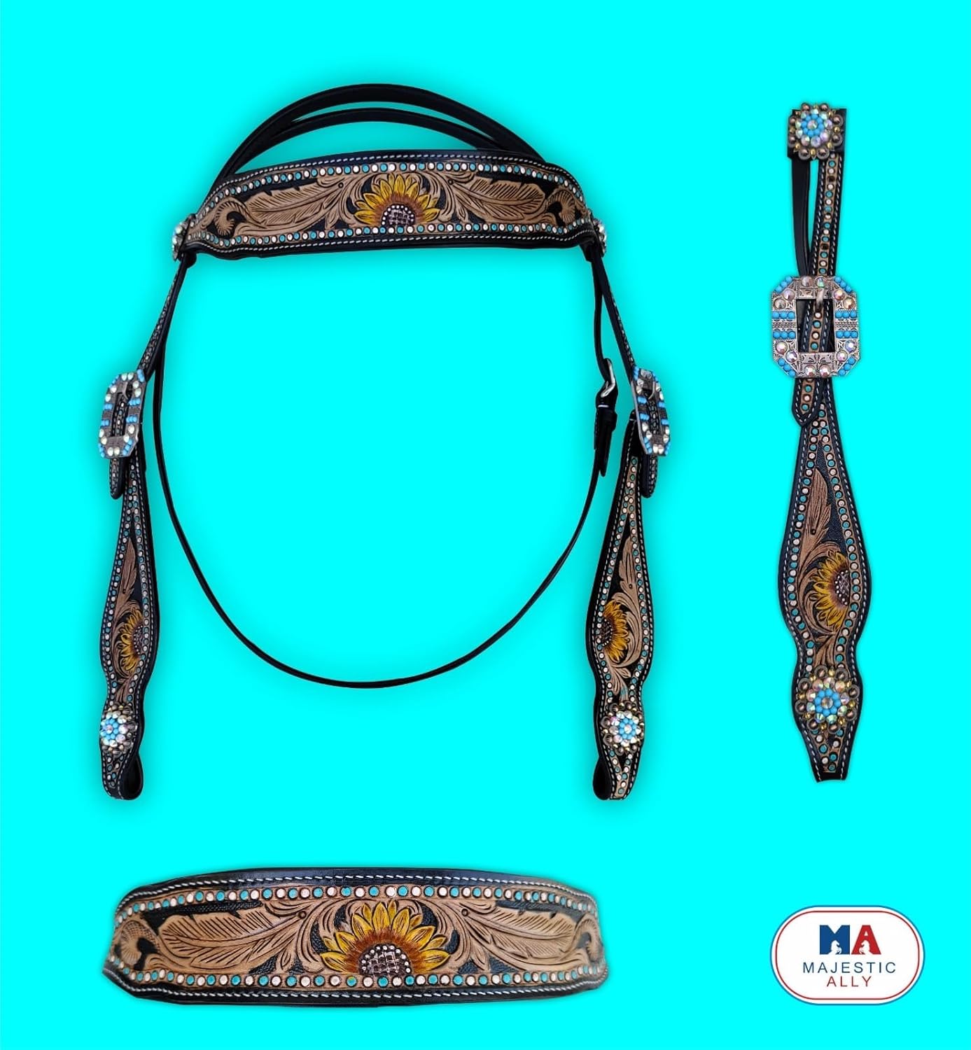 Majestic Ally Hand-Tooled Designer Padded Leather Horse Browband Headstall Breastcollar Set, Browband Headstall, Breastcollar (Headstall)