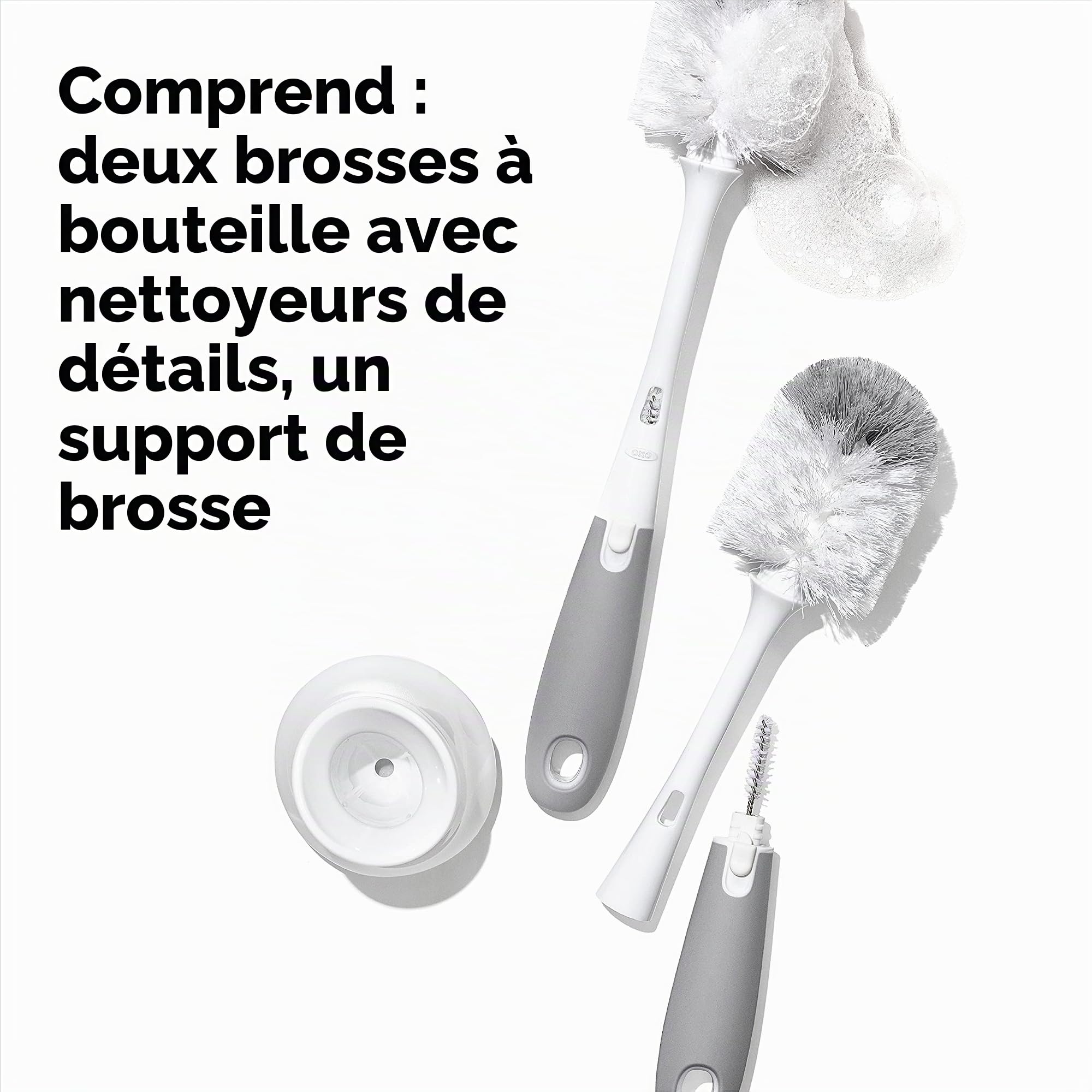 OXO Tot Lot de 2 brosses pour biberons avec Nettoyeur de tétons et Support Gris