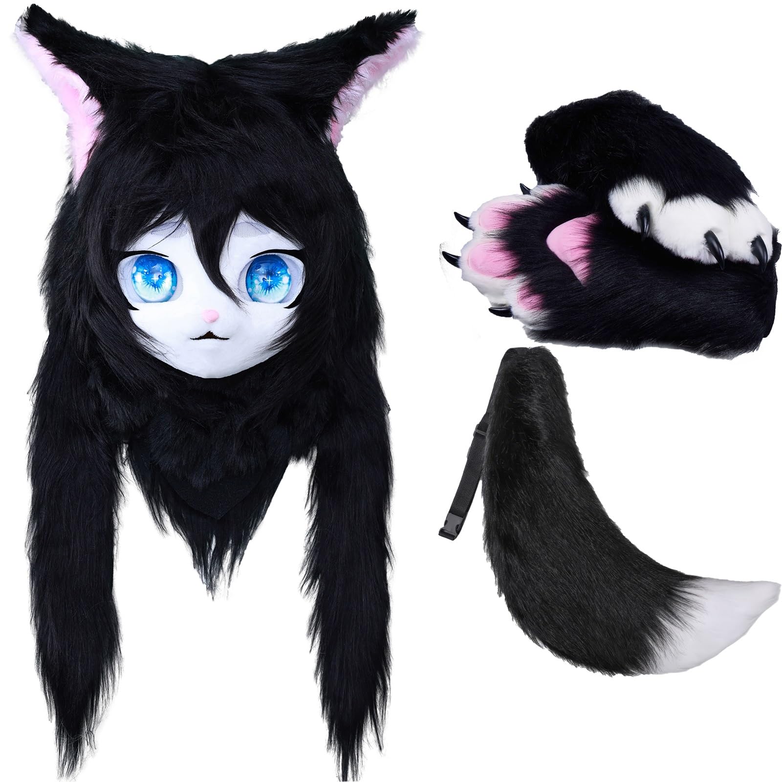 WLYEZAU Animal Headgear Cat Fursuit Hood Glass Eye Cutout Mask Gloves Tail Halloween Masquerade Party Role-play Props(B)