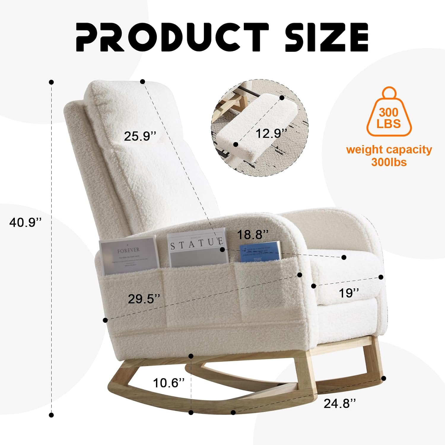GOWE Modern Accent Rocking Chair Rocking Chair with Solid Wood Legs, Upholstered Nursery Glider Rocker with Side Pocket and Footrest, Living Room Lounge Arm Chair with High Backrest (White,Teddy)