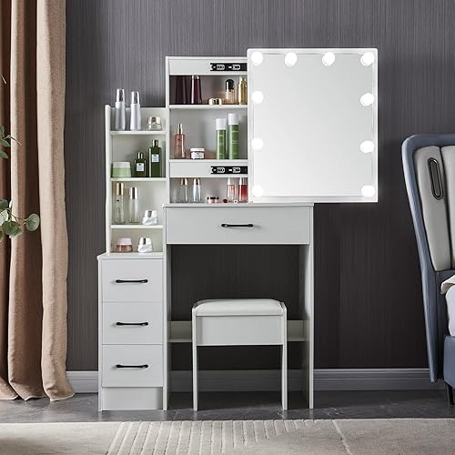 Mesa de tocador blanca con espejo y luces, espejo de tocador con luces, escritorio y silla para dormitorio, escritorio de tocador con 4 cajones de