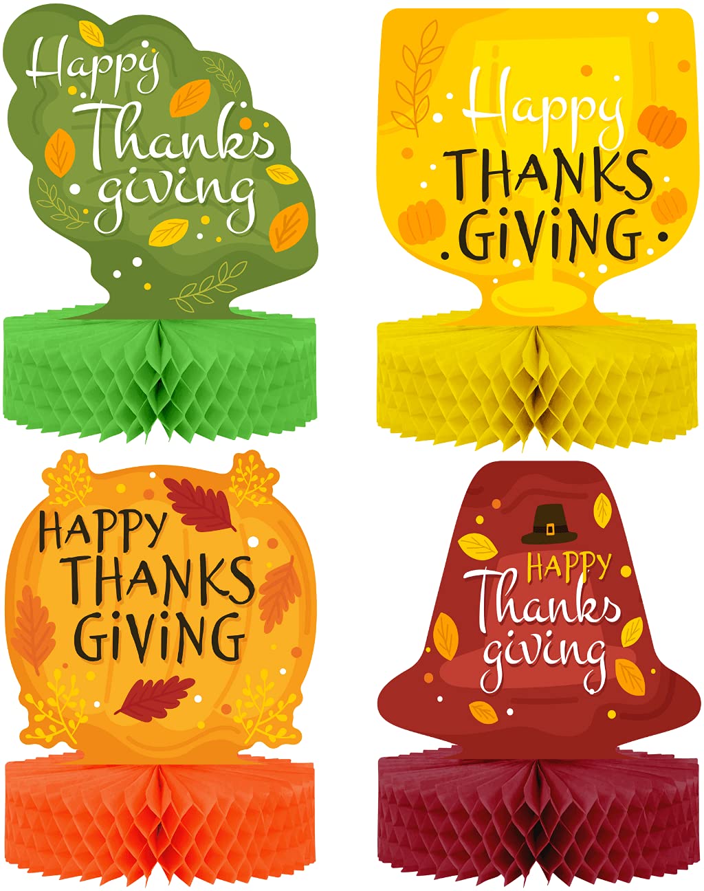 Thanksgiving Centerpieces for Tables - 4-Pack Double Sided Cardstock & Tissue Paper Honeycomb Happy Thanksgiving Decorations - 12” Fall Decor Thanksgiving Party Decorations Centerpieces for Tables
