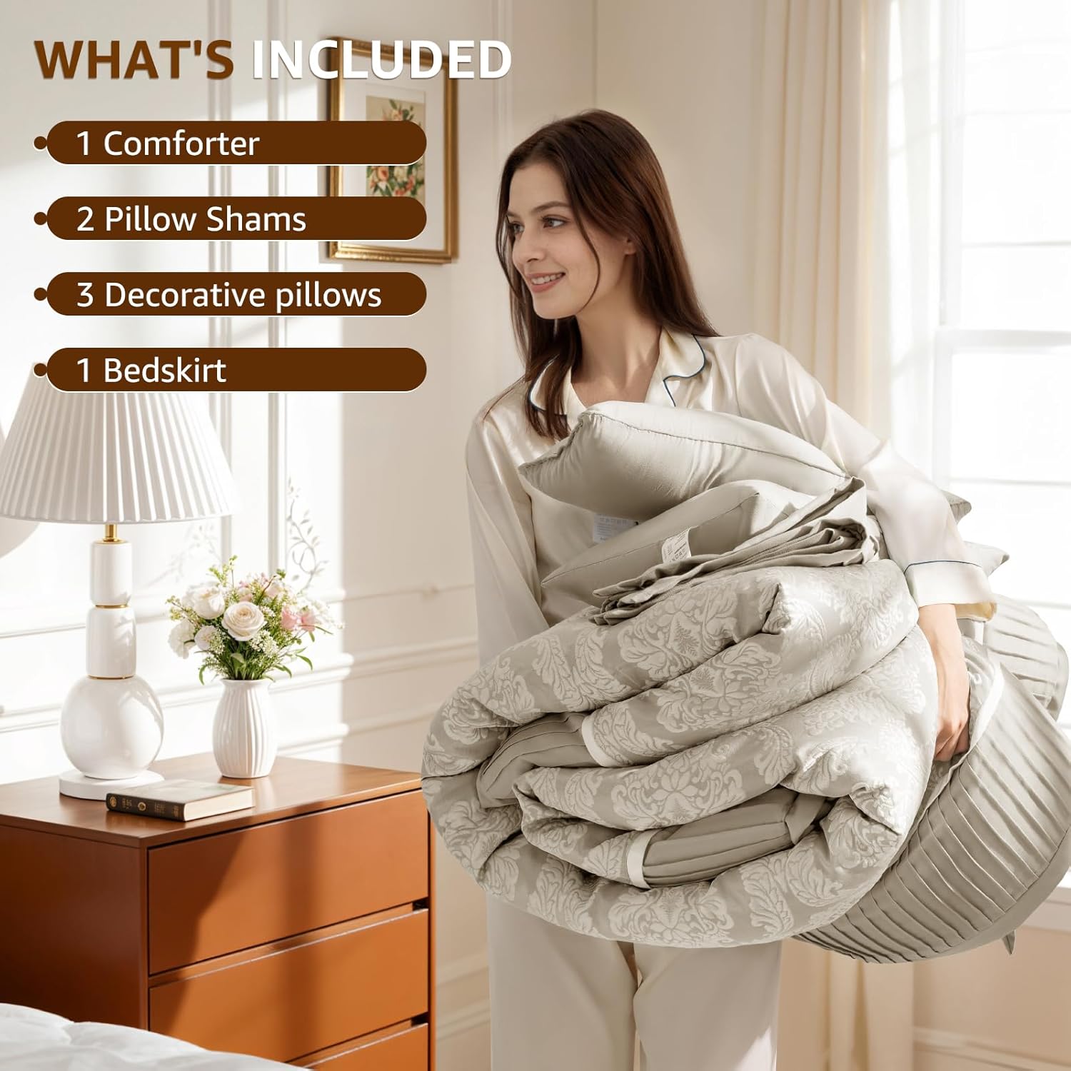 DEITAS Queen Size Comforter Set 7 Piece, Jacquard Woven with Damask, Bedding Set in a Bag Includes Soft Comforter, Bed Skirt, Pillow Shams, and Decorative Pillows, Beige