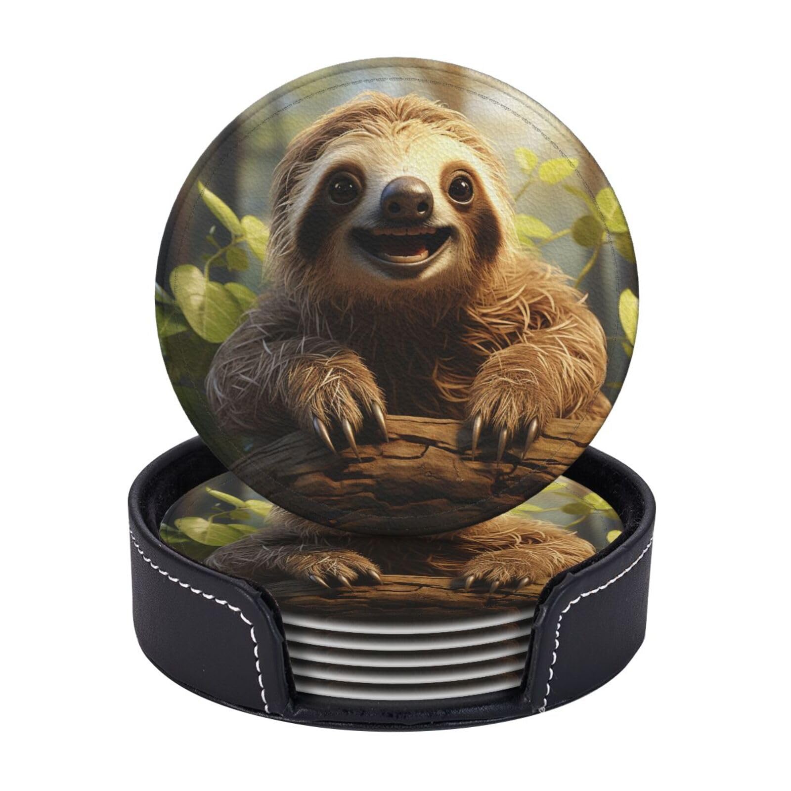 Round Coasters for Drinks Set of 6 - PU Leather Coasters with Holder - Modern Drink Coasters for Coffee Table - Cartoon Sloth Coaster for Tabletop Protection 4" Cup Mat Pad