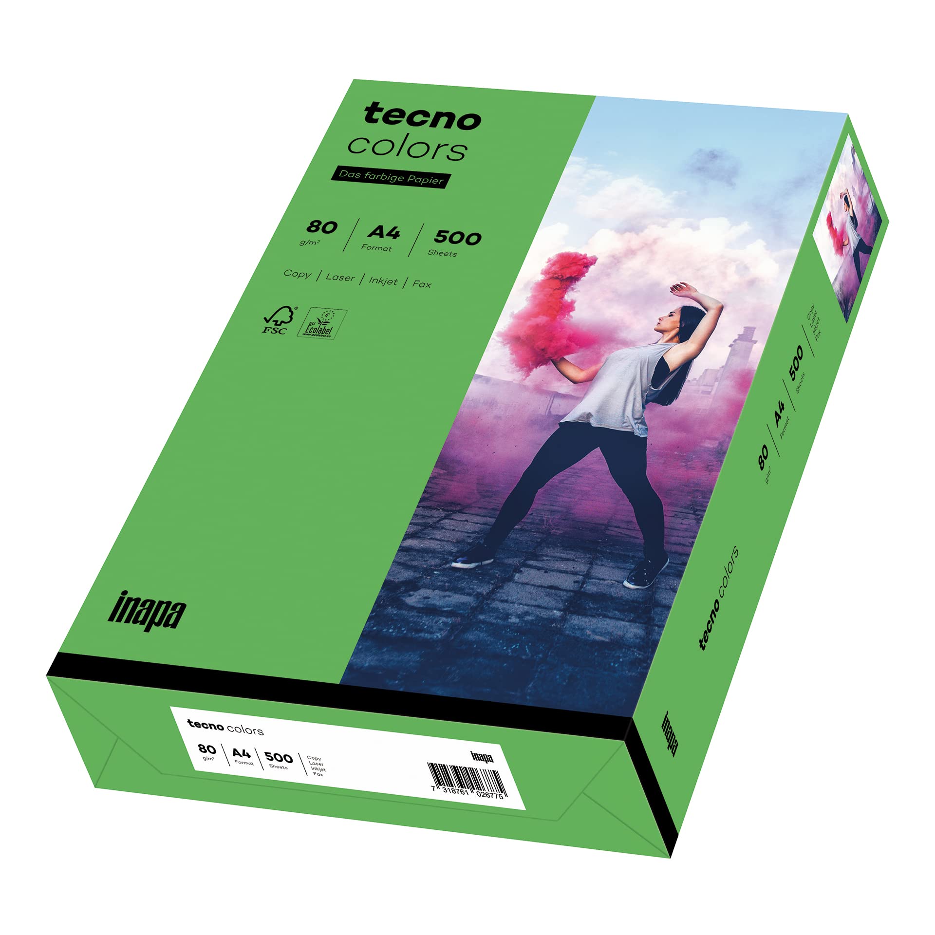Inapa farbiges Druckerpapier, buntes Papier tecno Colors: 80 g/m², A4, 2.500 Blatt (5x500), intensivgrün