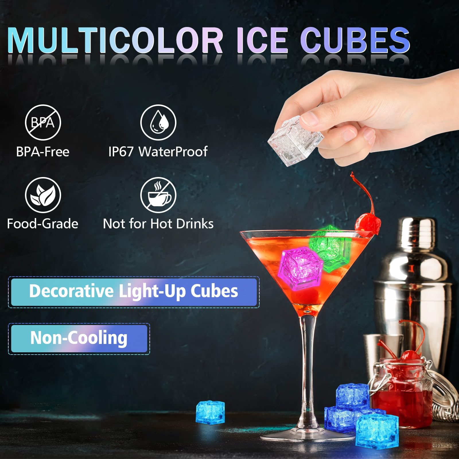 Paquete de 40 cubitos de hielo iluminados para bebidas, cubitos de hielo LED activados por líquido con 5 popotes, reutilizables, de grado alimenticio, multicolor para bares, clubes, bodas