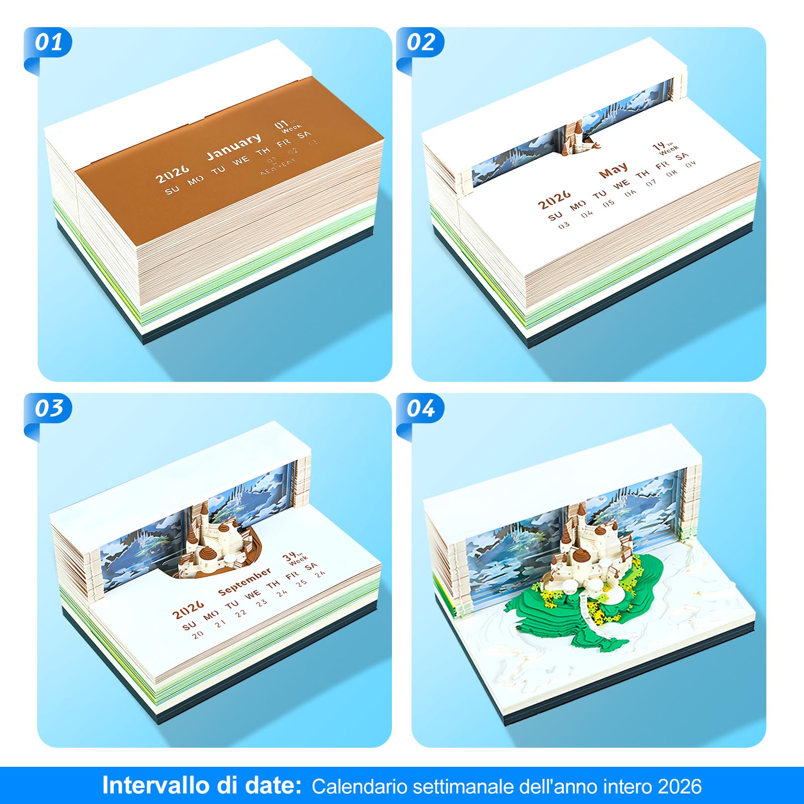 Calendario settimanale 3D 2026 – Città nel cielo | Calendario fai da te con modello di carta castello come decorazione da scrivania, incantevole decorazione invernale