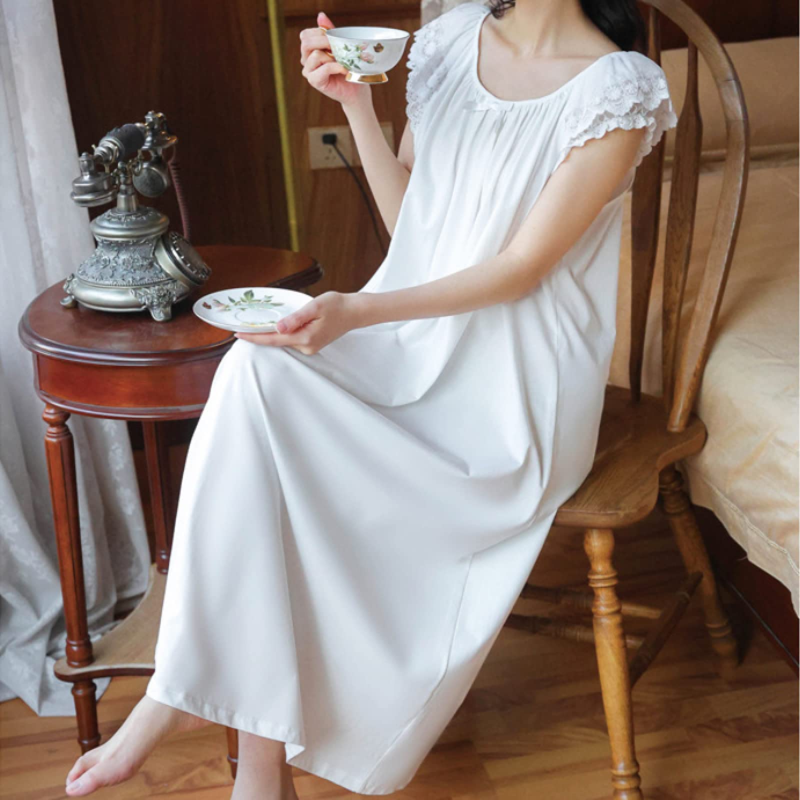OFFSUM Camicia da Notte Donna - Indumenti da Notte in Stile Principessa in Pizzo di Cotone con Scollo Tondo Elegante Camicia da Notte Vintage Vintage Dolce per La Casa